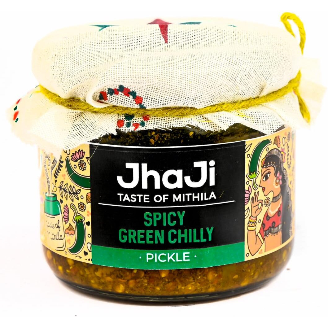 JhaJi - Taste of Mithila Stores Spicy Green Chili Pickle|Hari Mirch Ka Teekha & Khatta Achaar |Hot, Tangy, Sour, & Spicy | Bihari-Style Homemade|Sun-Dried. No Artificial Preservatives & Colors, 250g