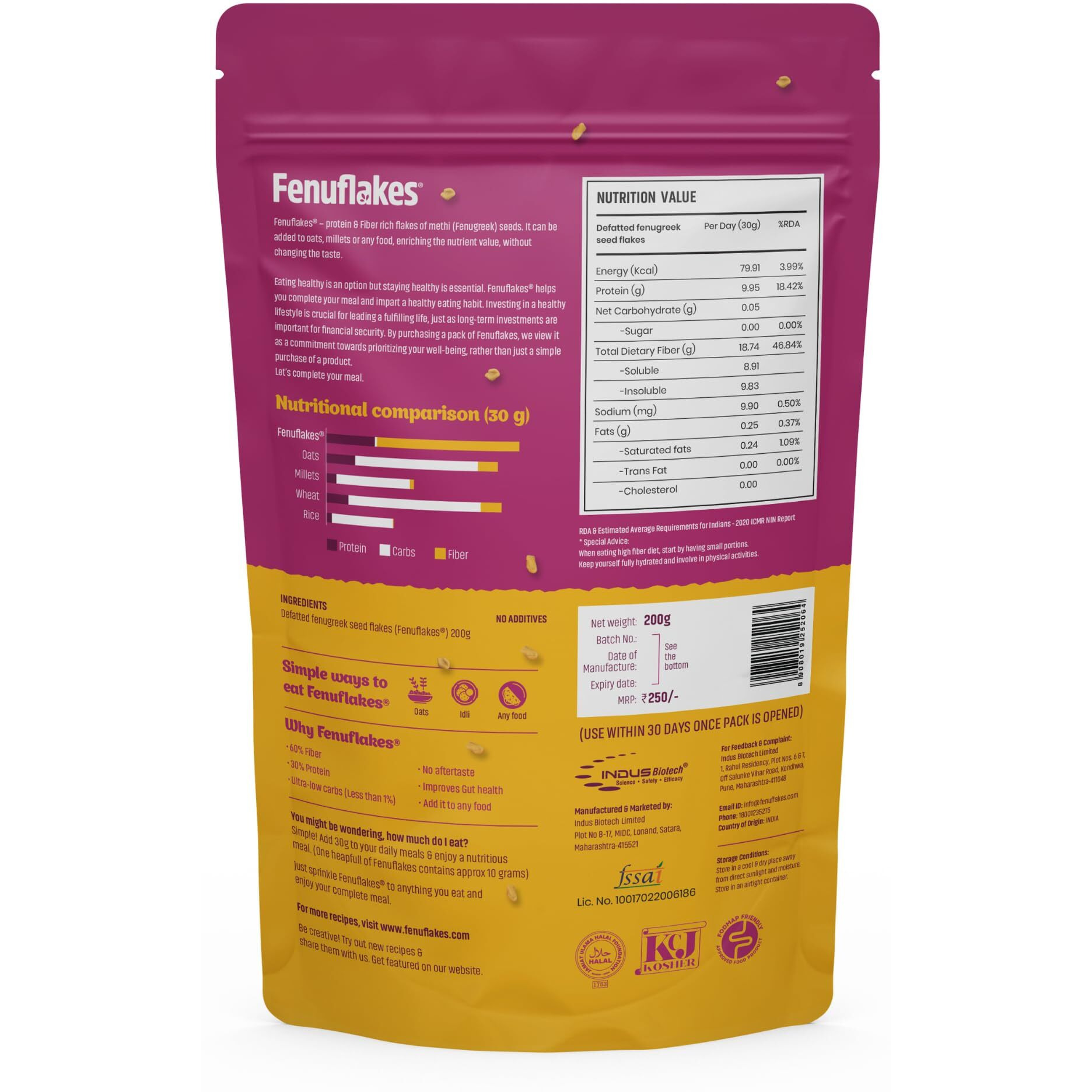 Fenuflakes 200g -Fiber supplement | Gut Health, Weight Management & Diabetic Friendly | Flakes of methi (Fenugreek) seeds| Neutral in taste | Add it to any food |100% plant based| low-carbs