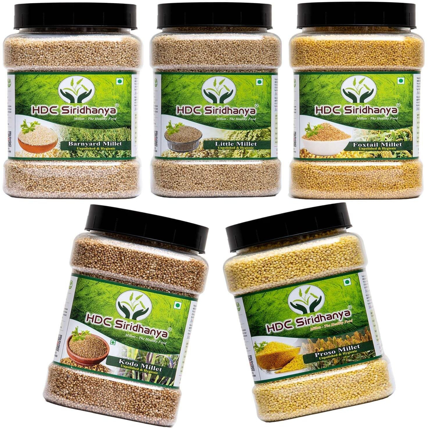 HDC Siridhanya unpolished and organic millets combo pack of 5 [Kodo, Foxtail, Barnyard, Little and Proso millets, Each millet 700gm packed in Jar] organically grown from Andhra Pradesh
