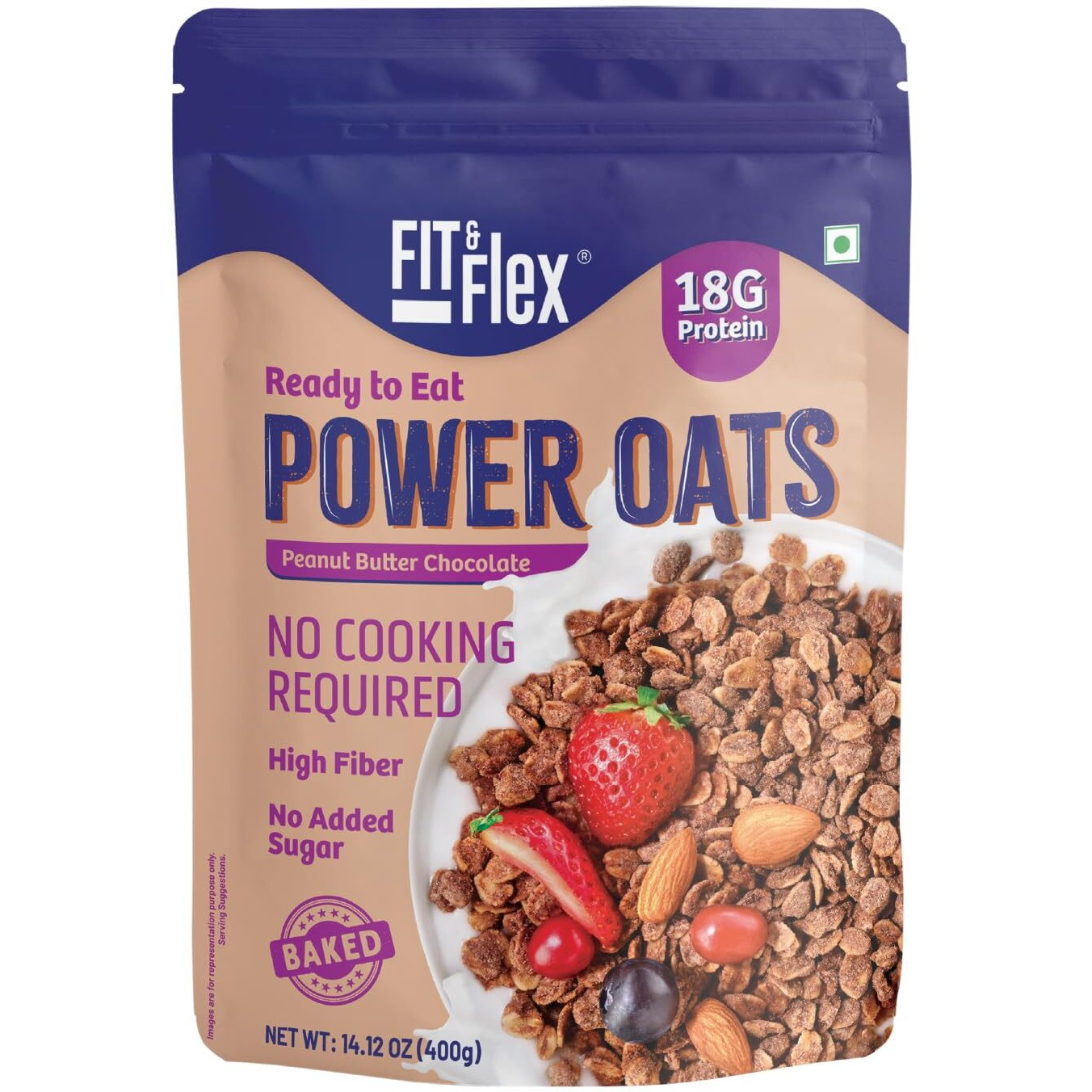 FIT & FLEX High Protein Ready To Eat Baked Peanut Butter Chocolate Oats, Zero Sugar, Gluten Free & Preservative Free - As Seen on Shark Tank India - (400 g) Pack of 1