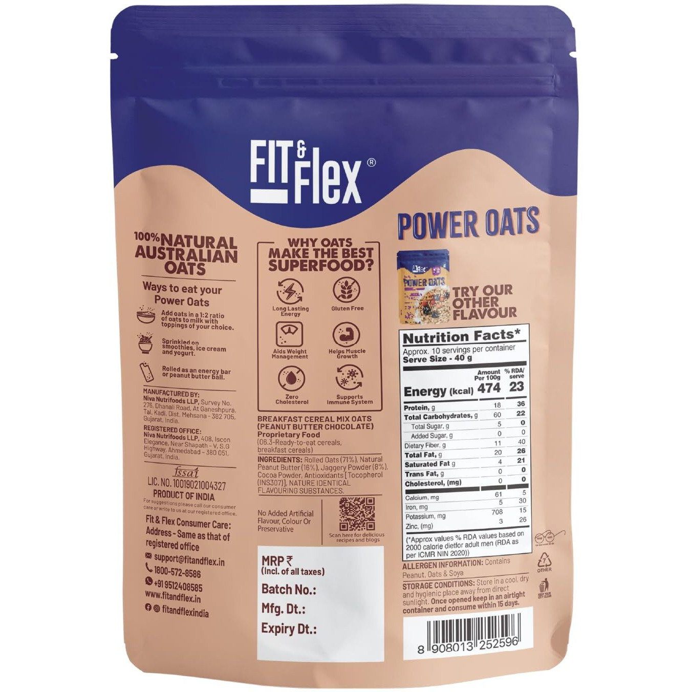 FIT & FLEX High Protein Ready To Eat Baked Peanut Butter Chocolate Oats, Zero Sugar, Gluten Free & Preservative Free - As Seen on Shark Tank India - (400 g) Pack of 1