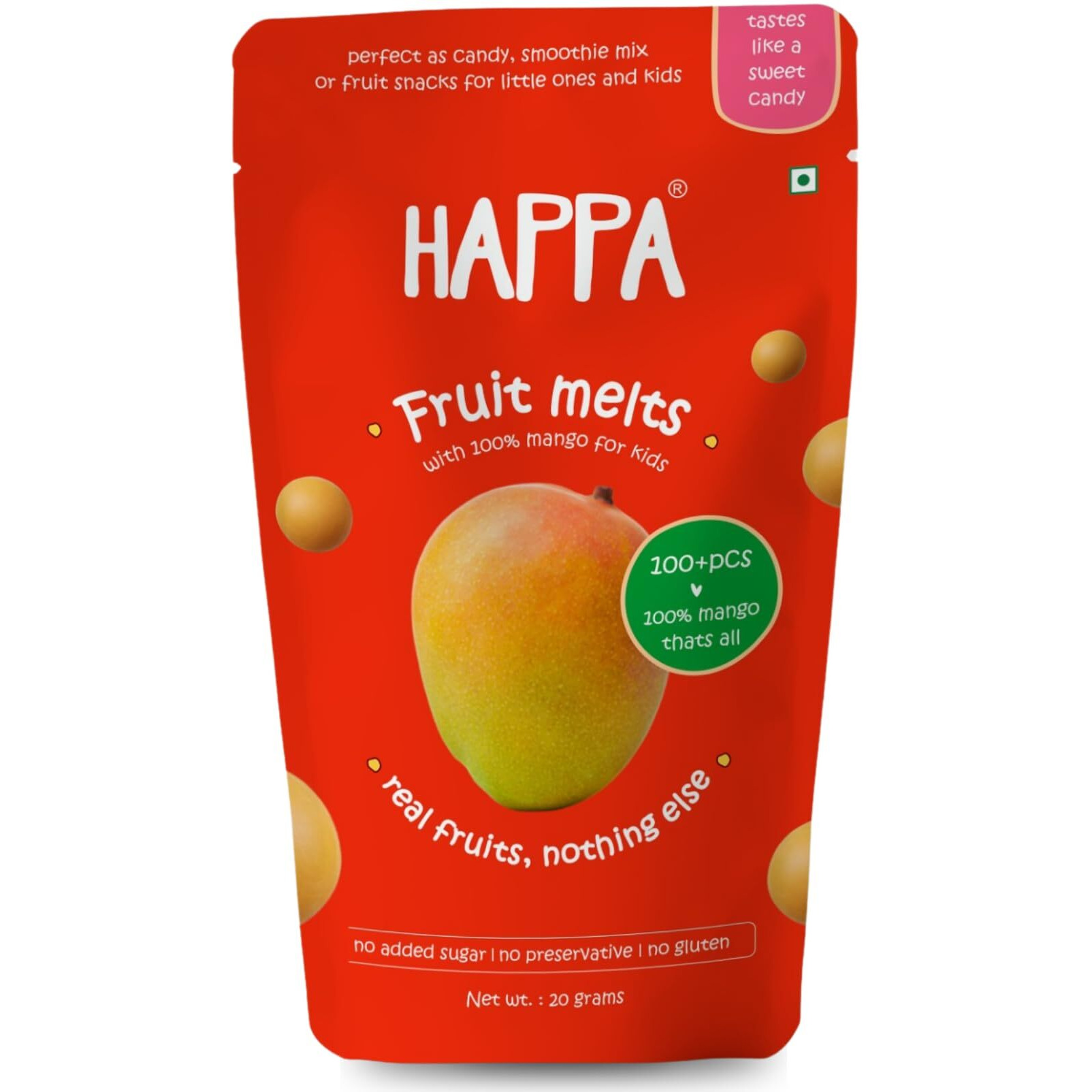 Happa Mango Fruit Melts, Only Mango, Nothing Else | Baby and Parents | Fruit snacks |Safe from 8 months onwards | No added sugar | No Artificial flavour | No Preservatives | Great taste | 100 units