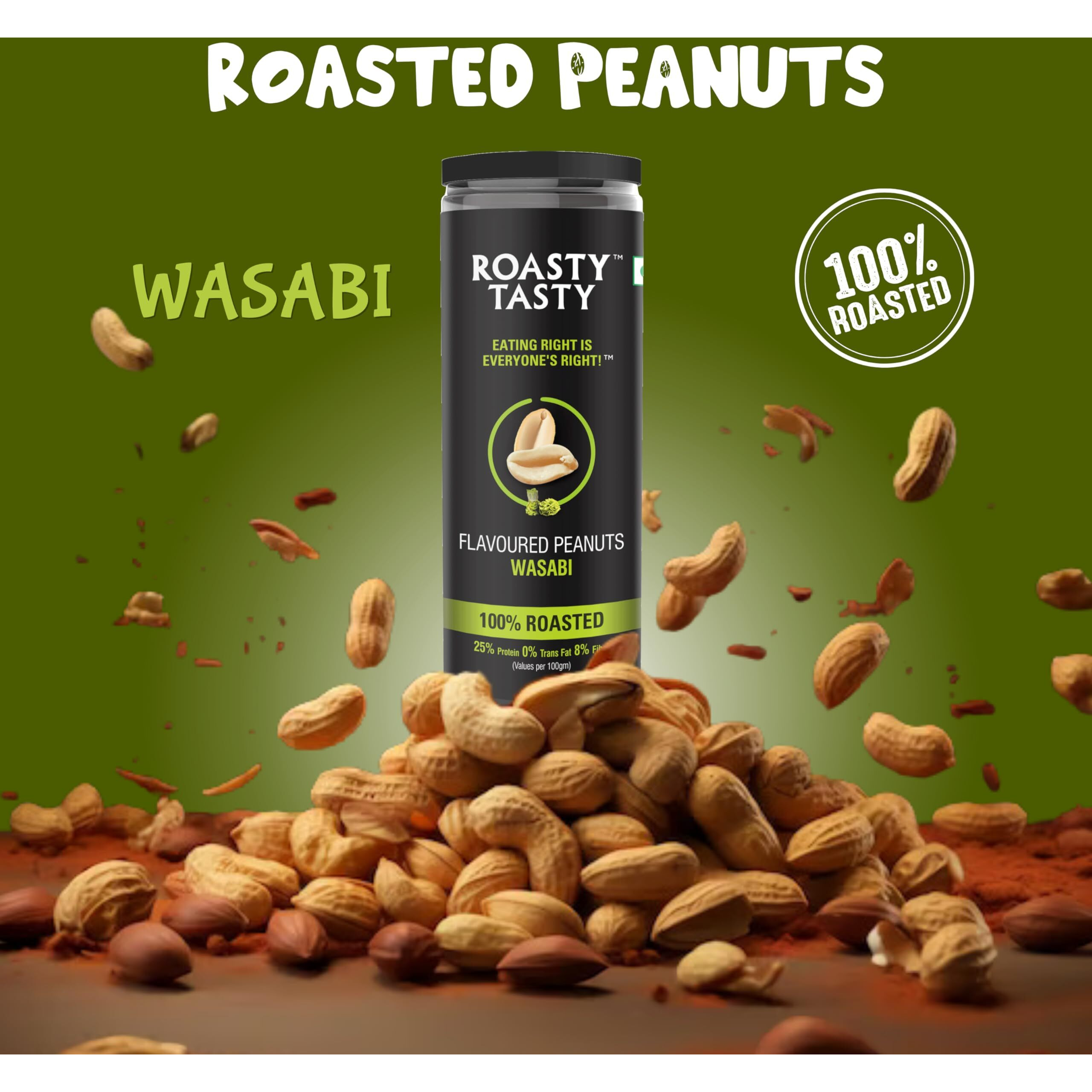 Roasty Tasty Premium Wasabi Flavour Roasted Peanuts | Healthy Snacks | Rich in Protein & Fibre | Roasted, Not Fried Snacks | Healthy Food | Gluten Free, Zero Cholesterol | Namkeen Peanuts | Crunchy Masala Peanuts | Pack of 2 (150g each)