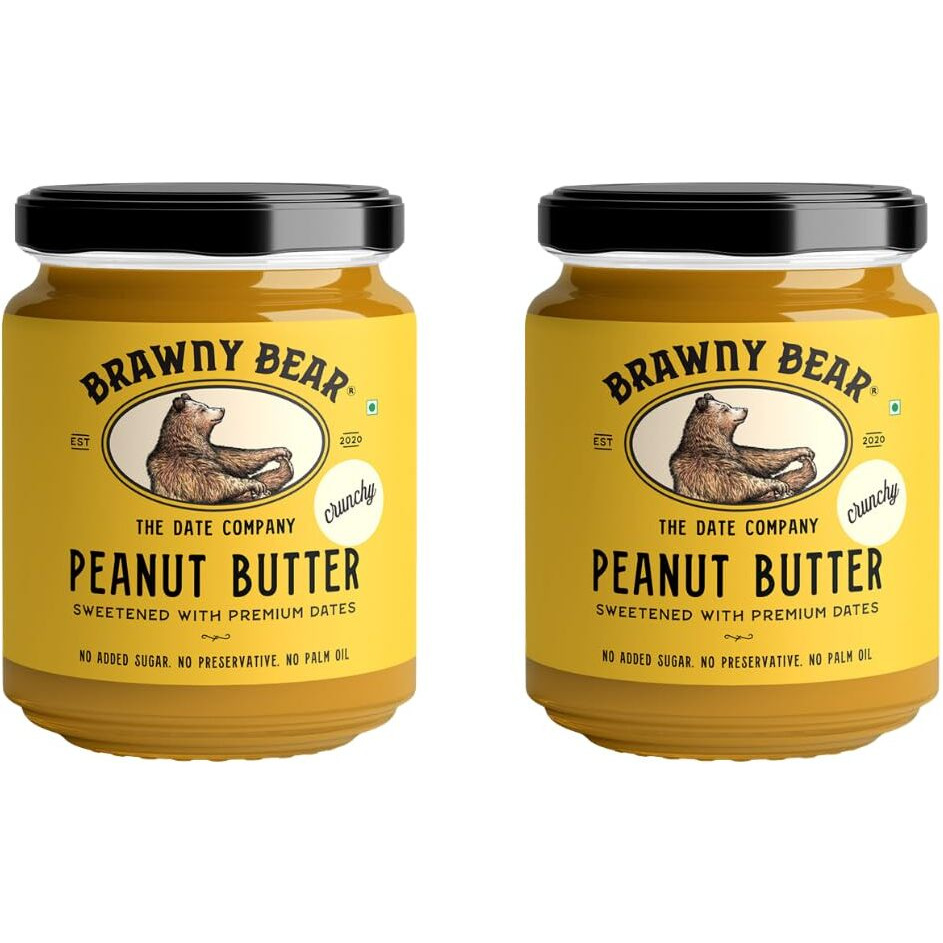 Brawny Bear Peanut Butter Crunchy, Natural Sweetened with Dates, Healthy Nut Butter with No Added Sugar and Preservatives, Vegan, High in Protein Spread, Pack of 2  500 gm each