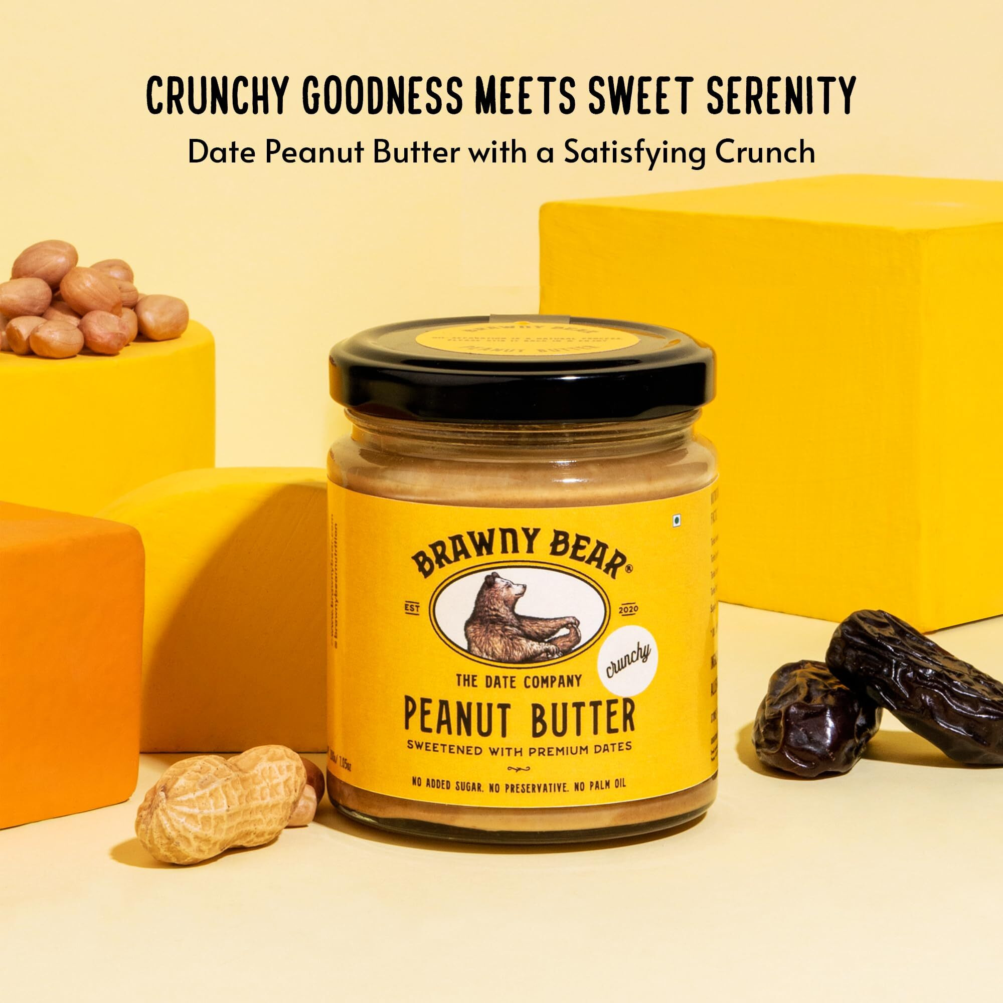 Brawny Bear Peanut Butter Crunchy, Natural Sweetened with Dates, Healthy Nut Butter with No Added Sugar and Preservatives, Vegan, High in Protein Spread, Pack of 2  500 gm each