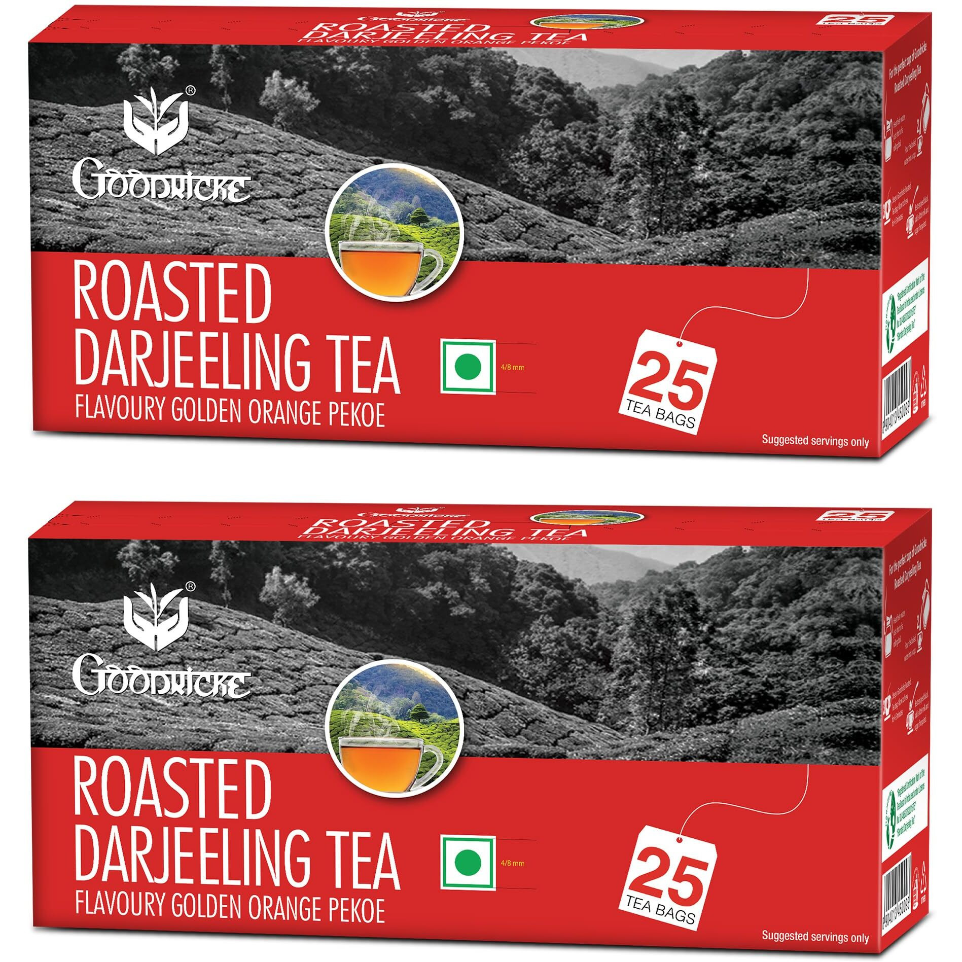 GOODRICKE Roasted Darjeeling Tea Bags - 25 Tea Bags, (Pack Of 2) | 100% Pure & Natural Long Leaf | Flavoury Golden Orange Pekoe | Black Tea, 90 Gram
