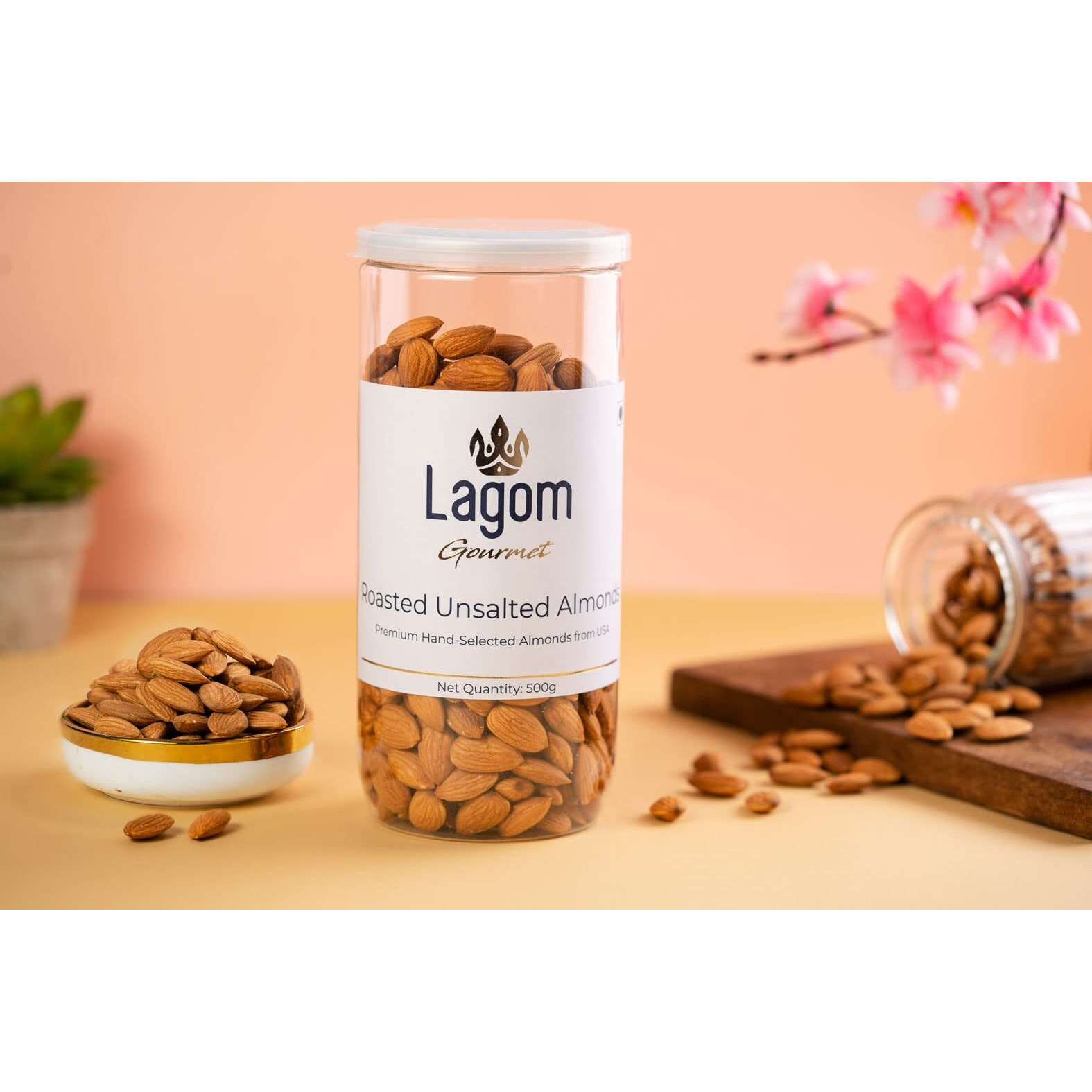 Lagom Gourmet Roasted Unsalted Almonds 1 Kg|No Salt|Dry Roasted|No Oil Used|Roasted To Perfection|No Preservatives|No Artificial Flavors|Gluten Free|Vegan|Non Gmo|California Almonds|Unsalted Almonds