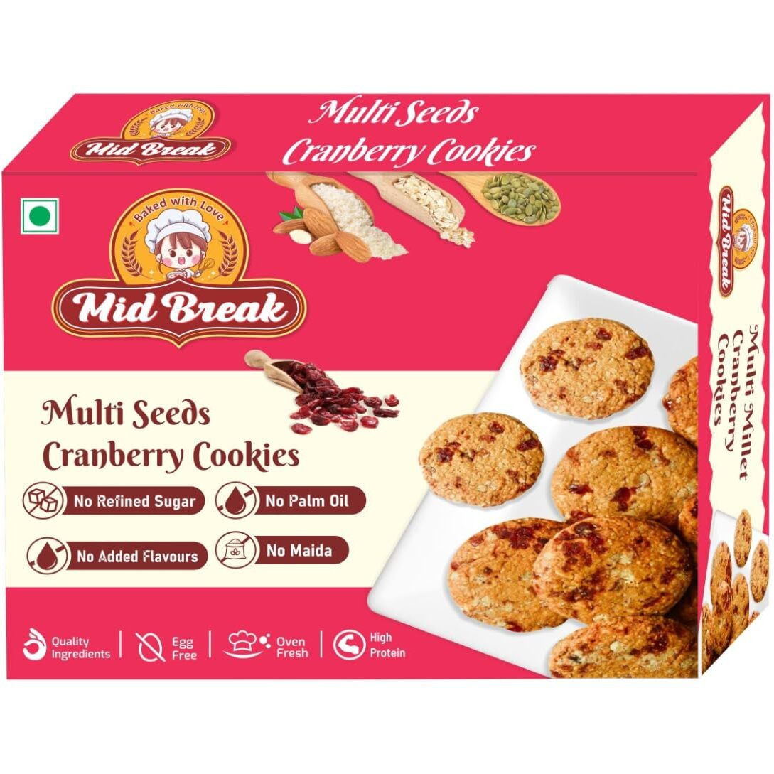 Midbreak Millet Biscuits - Multi Seeds Cranberry Oats Cookies - Gluten-Free, No Refined Sugar, Made with Sorghum, Almond, and Oats Flour - Healthy, Nutritious, and Delicious | Pack of 1 | 200g