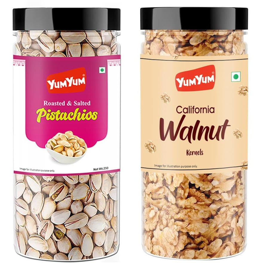 Yum Yum Dry Fruits 500 Gm Combo Pack - Roasted Pista 250 Gm, Akhrot Giri 250 Gm Jar Each - Pistachios, Walnuts
