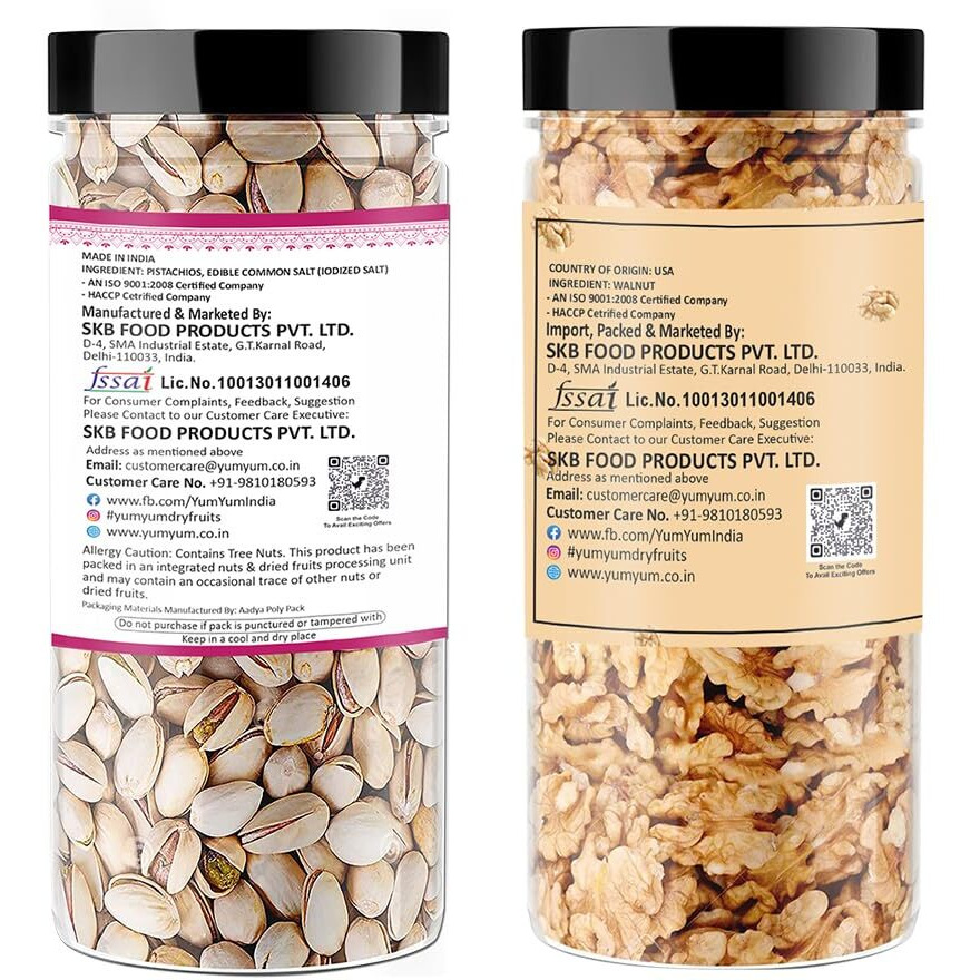 Yum Yum Dry Fruits 500 Gm Combo Pack - Roasted Pista 250 Gm, Akhrot Giri 250 Gm Jar Each - Pistachios, Walnuts