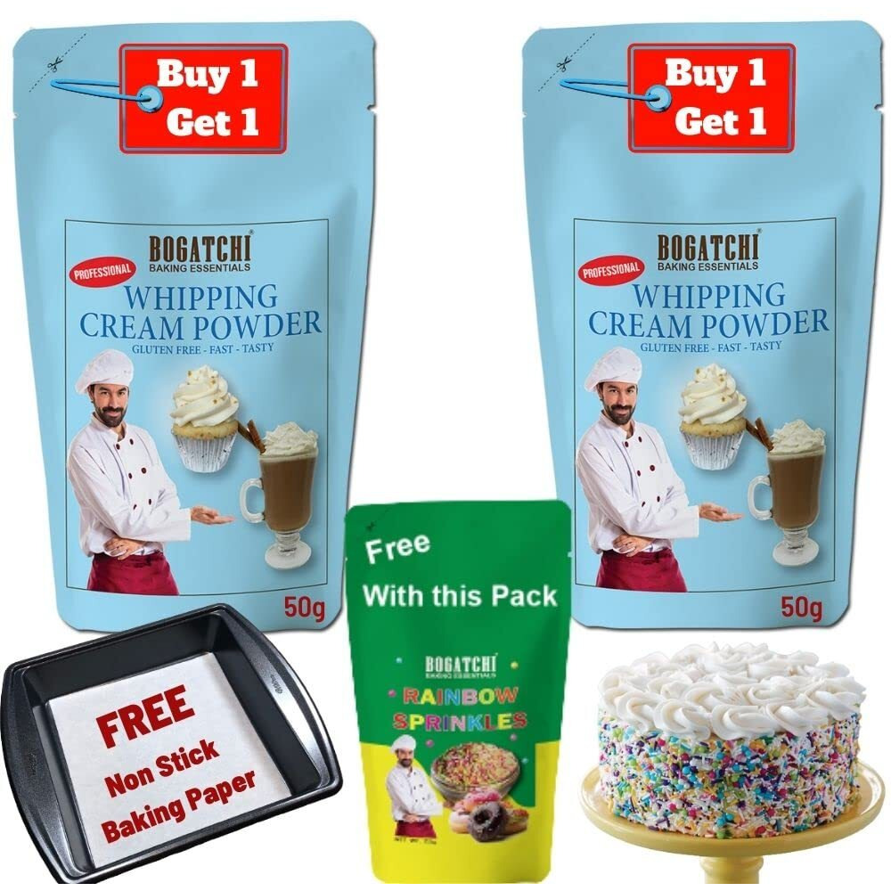 BOGATCHI Whipped Cream | Whipping Cream Powder, Whipping Cream for Cake, Premium Whipping Cream Powder, 50g + 50g Free One Extra Whipping Cream Powder + Rainbow Sprinkler(25g)
