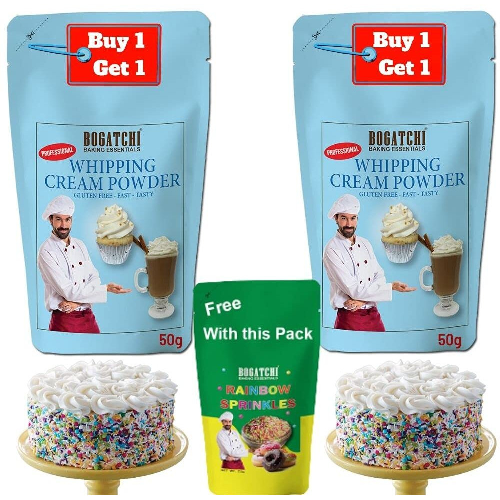 BOGATCHI Whipped Cream | Whipping Cream Powder, Whipping Cream for Cake, Premium Whipping Cream Powder, 50g + 50g Free One Extra Whipping Cream Powder + Rainbow Sprinkler(25g)