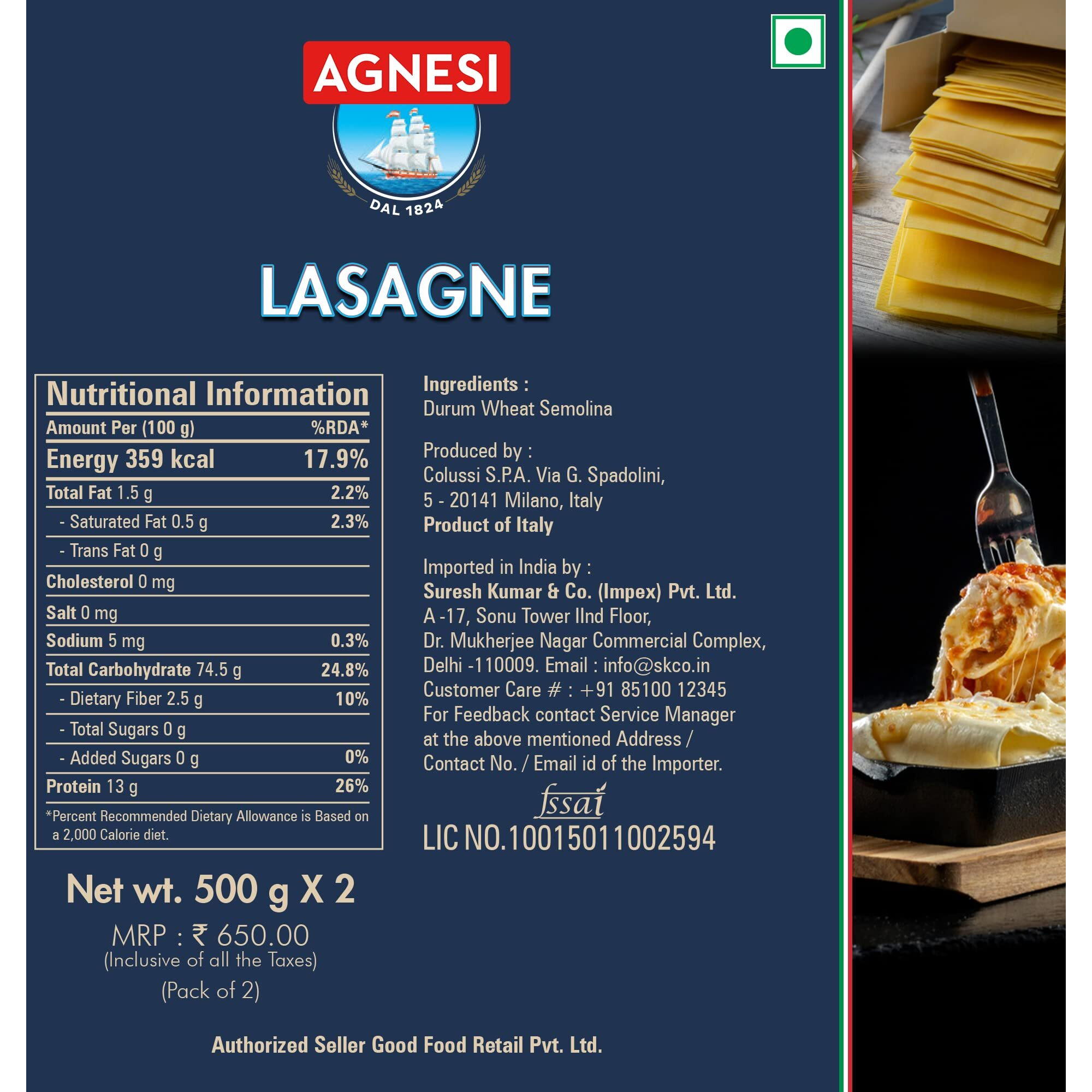 Agnesi Lasagne, 500G, Pack Of 2, Vegetarian, 500 grams