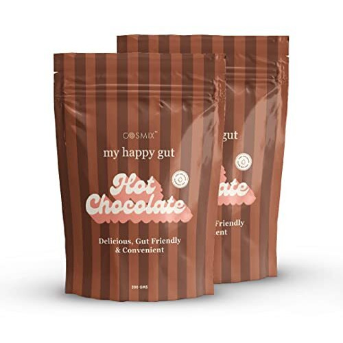 Cosmix My Happy Gut Hot Chocolate | For Improved Digestion & Overall Gut Health | Zero Refined Sugar, No Preservatives | Vegan | Just add water & Enjoy | 2x200 gm - Makes upto 14 Cups each.