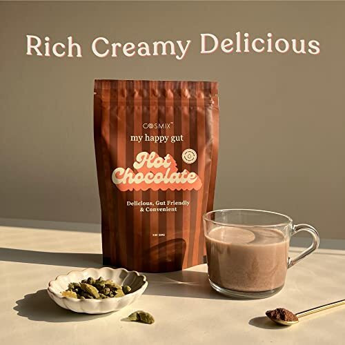 Cosmix My Happy Gut Hot Chocolate | For Improved Digestion & Overall Gut Health | Zero Refined Sugar, No Preservatives | Vegan | Just add water & Enjoy | 2x200 gm - Makes upto 14 Cups each.