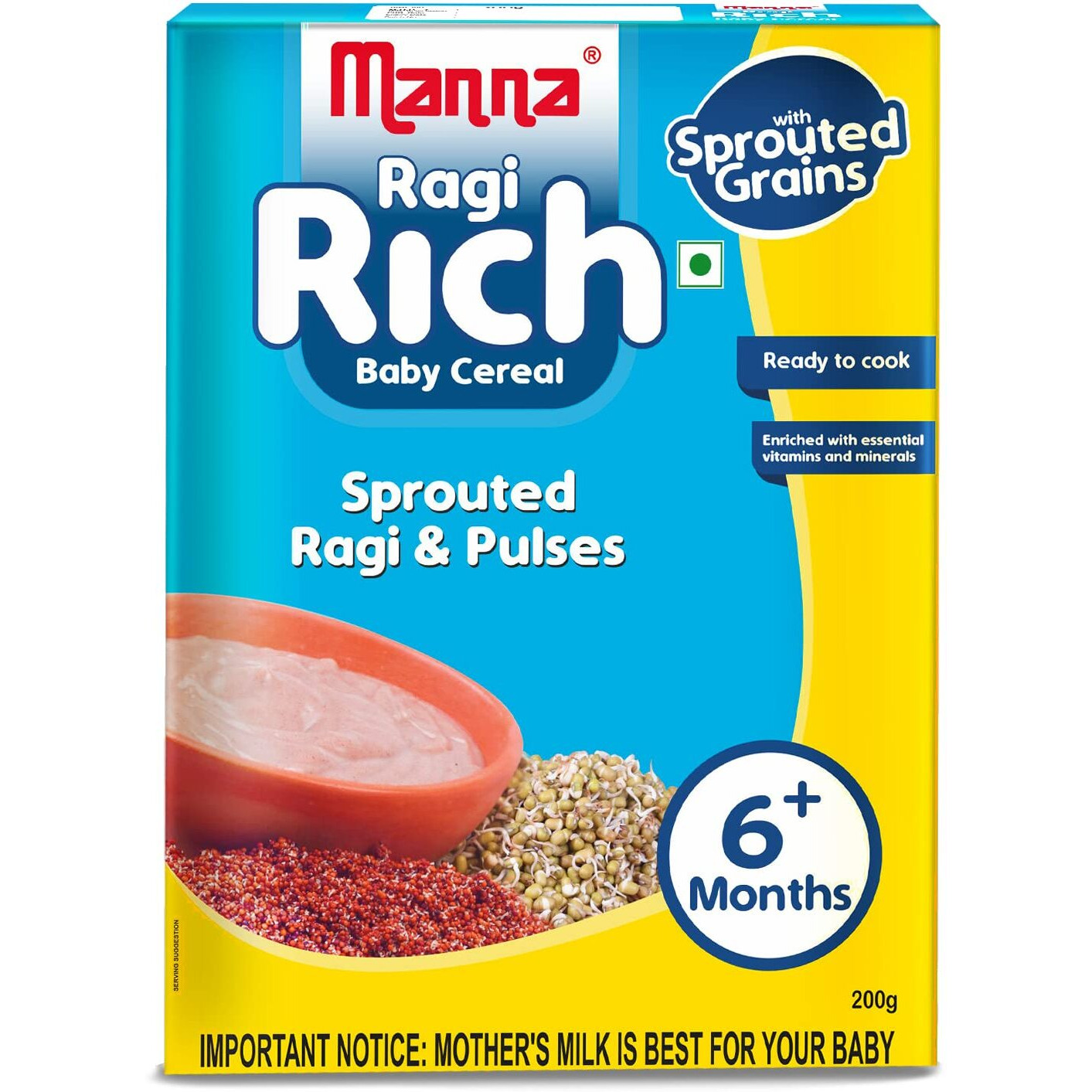 Manna Baby Cereal - Ragi & Pulses, 200G | Baby Food (6+Months) Sprouted Ragi & Pulses | 100% Natural Health Mix
