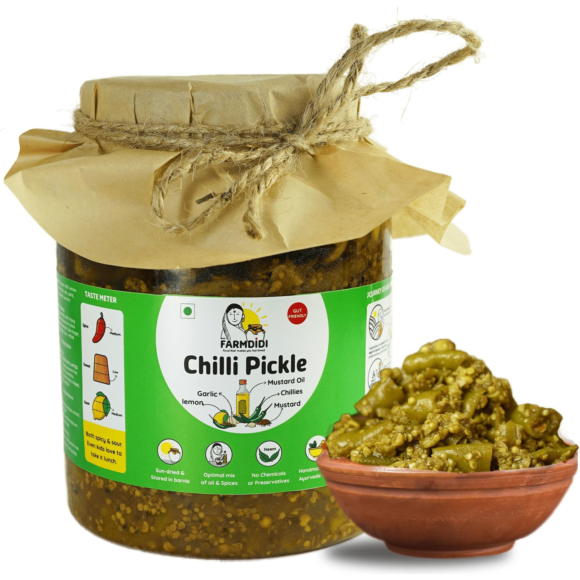 Farm Didi Spicy Green Chilli Pickle in fresh homemade pickles 1kg | Tasty Hari Mirch ka Achar with mustard oil | Sun-dried mirchi achaar | Ghar ka bana mirchi achar with no artificial Preservatives
