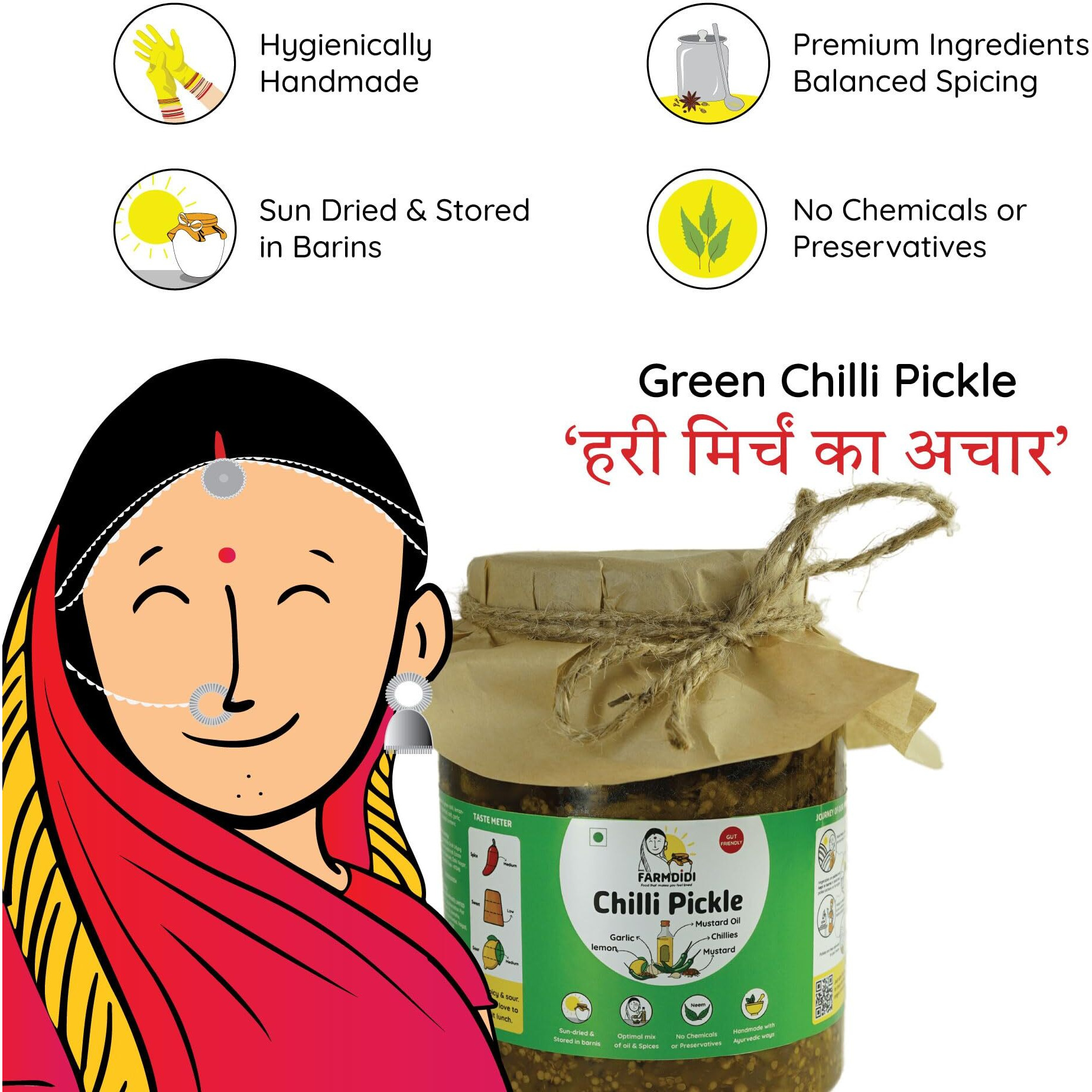 Farm Didi Spicy Green Chilli Pickle in fresh homemade pickles 1kg | Tasty Hari Mirch ka Achar with mustard oil | Sun-dried mirchi achaar | Ghar ka bana mirchi achar with no artificial Preservatives