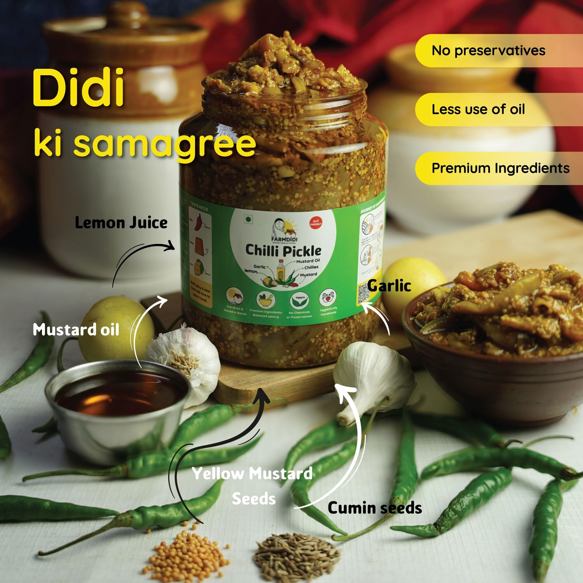 Farm Didi Spicy Green Chilli Pickle in fresh homemade pickles 1kg | Tasty Hari Mirch ka Achar with mustard oil | Sun-dried mirchi achaar | Ghar ka bana mirchi achar with no artificial Preservatives