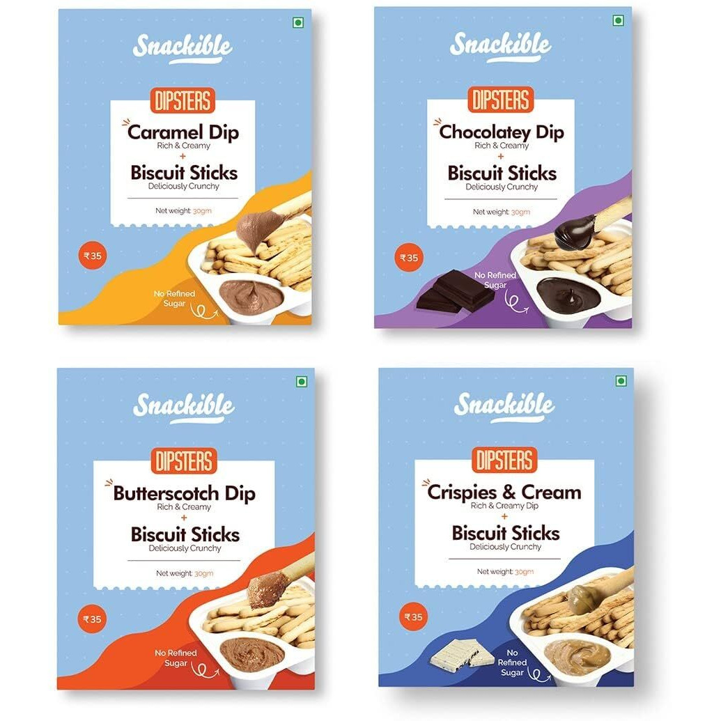 Snackible Dipsters Biscuit Sticks & Dip - Assorted Pack of 4 Flavours | Chocolatey, Butterscotch, Caramel, Cookies & Cream | (Pack of 24) - 24x30gm | Baked | Healthy Dip and Biscuit Sticks | Mixed Flavors | Creamy Dips