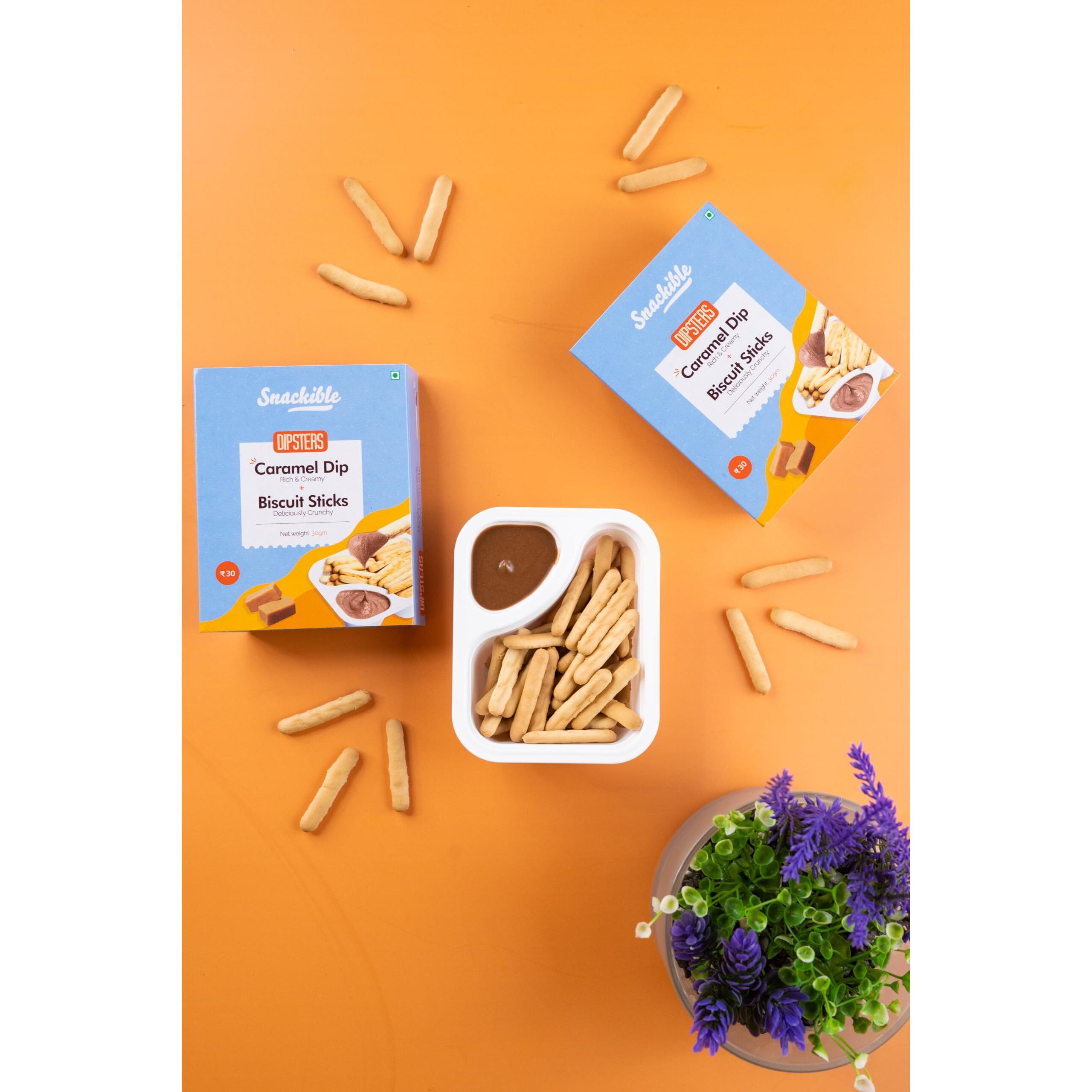Snackible Dipsters Biscuit Sticks & Dip - Assorted Pack of 4 Flavours | Chocolatey, Butterscotch, Caramel, Cookies & Cream | (Pack of 24) - 24x30gm | Baked | Healthy Dip and Biscuit Sticks | Mixed Flavors | Creamy Dips