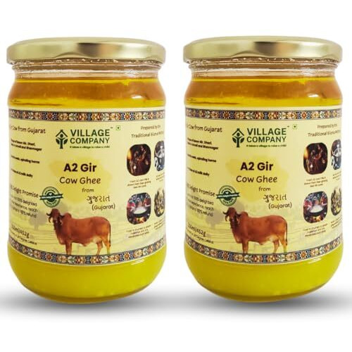 Village Company A2 Cow Desi Ghee 500ML Pack of 2 | Gir Ghee Vedic Bilona Method | Organic Pure Natural | Two Way Curd Churned - Best Farm Fresh Grass Fed Cattle Milk | India Lab Certified | Glass Jar