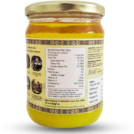 Village Company A2 Cow Desi Ghee 500ML Pack of 2 | Gir Ghee Vedic Bilona Method | Organic Pure Natural | Two Way Curd Churned - Best Farm Fresh Grass Fed Cattle Milk | India Lab Certified | Glass Jar