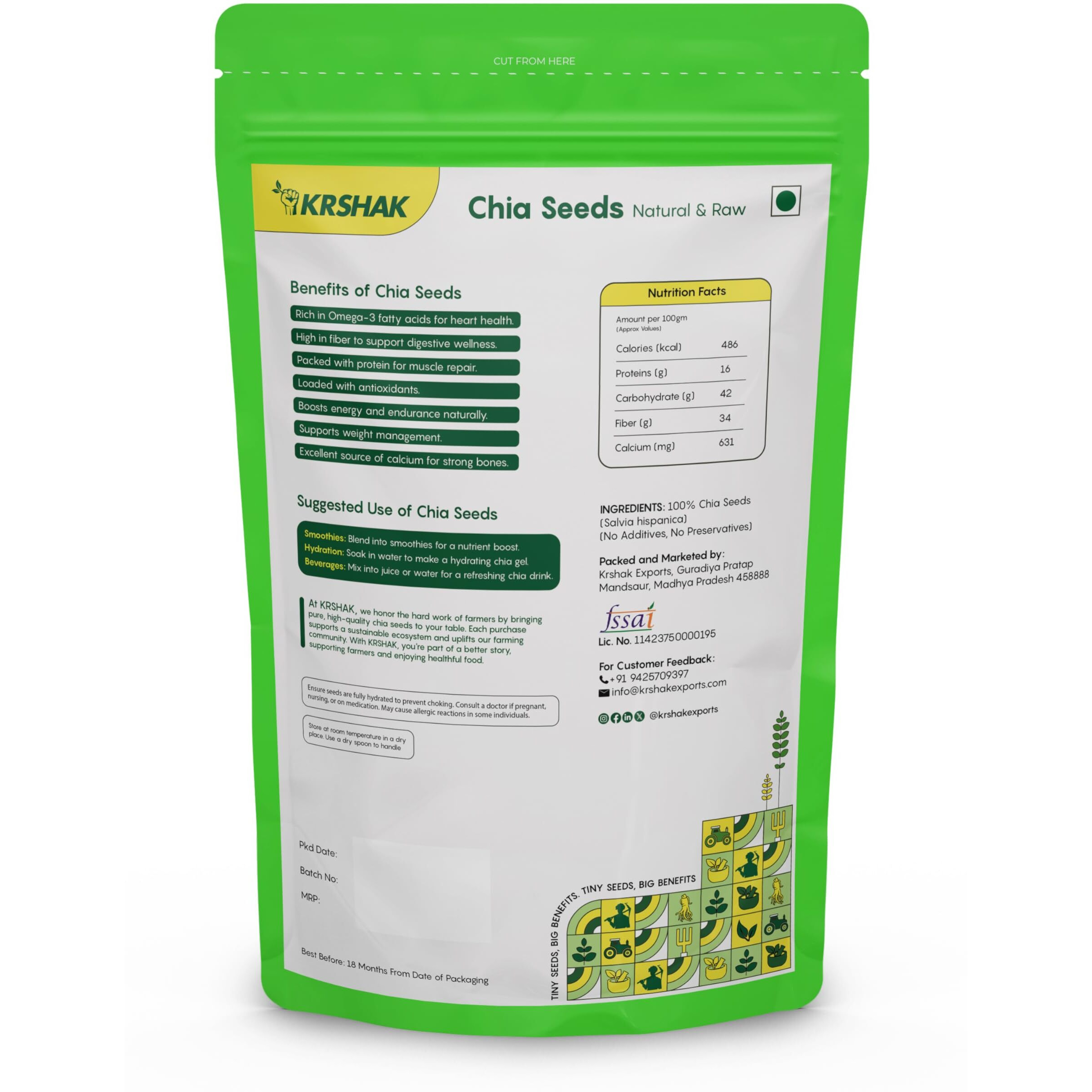 KRSHAK Chia Seeds for Weight Loss 400g, 100% Natural & Raw Seeds for Eating | Rich in Omega-3, Protein, Fibre & Calcium