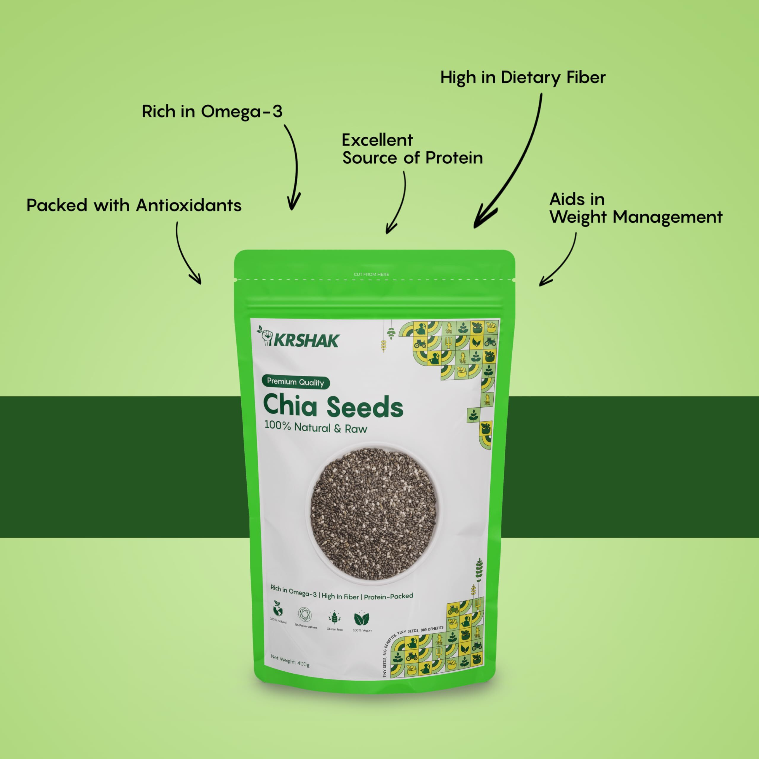 KRSHAK Chia Seeds for Weight Loss 400g, 100% Natural & Raw Seeds for Eating | Rich in Omega-3, Protein, Fibre & Calcium
