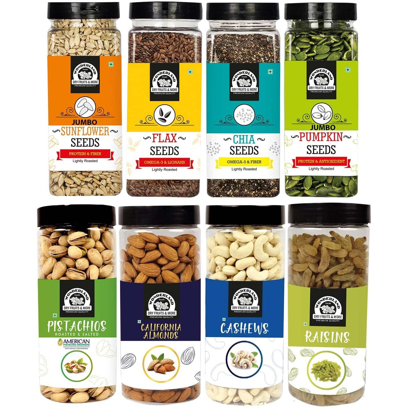 WONDERLAND FOODS Dry Fruits Combo Almond 500G, Cashew 500G, Pistachio 500G, Raisins 500G, Pumpkin seeds200G, Chia Seeds200G, Sunflower Seed200G, Flax Seed200G - (2800G- Jar)