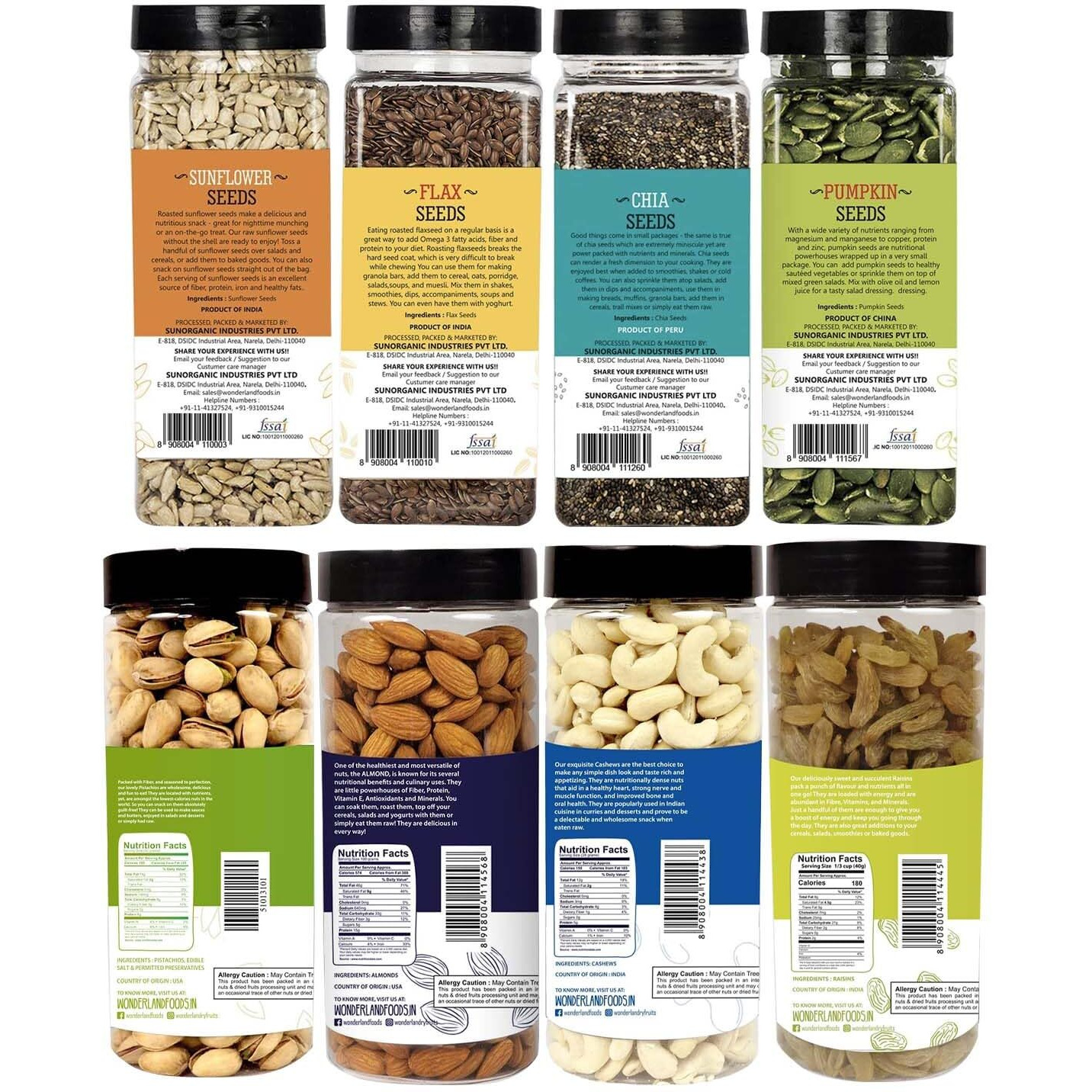 WONDERLAND FOODS Dry Fruits Combo Almond 500G, Cashew 500G, Pistachio 500G, Raisins 500G, Pumpkin seeds200G, Chia Seeds200G, Sunflower Seed200G, Flax Seed200G - (2800G- Jar)