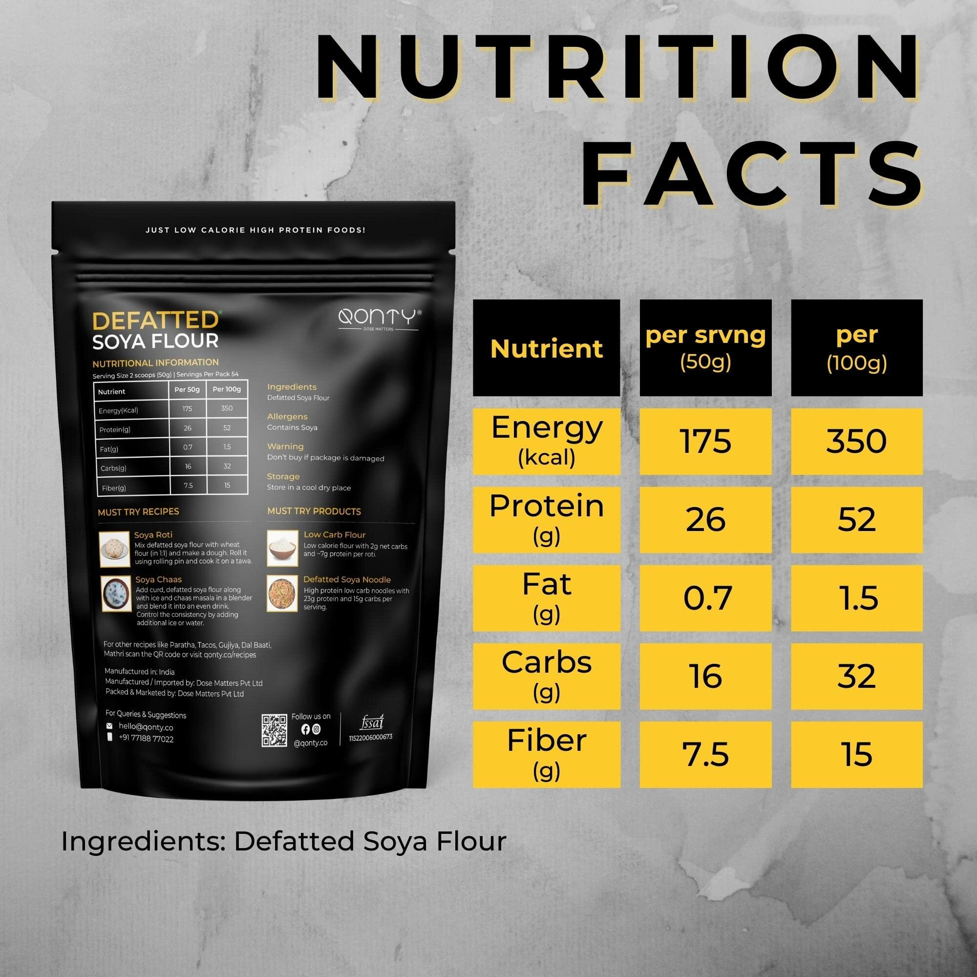 Qonty Defatted Soya Flour | 52% Protein, 1.5% Fat | Lab Tested | 8 gm Protein Per Roti | No Preservatives | Gluten Free | Rich in Micro Nutrients (2.65 kg)