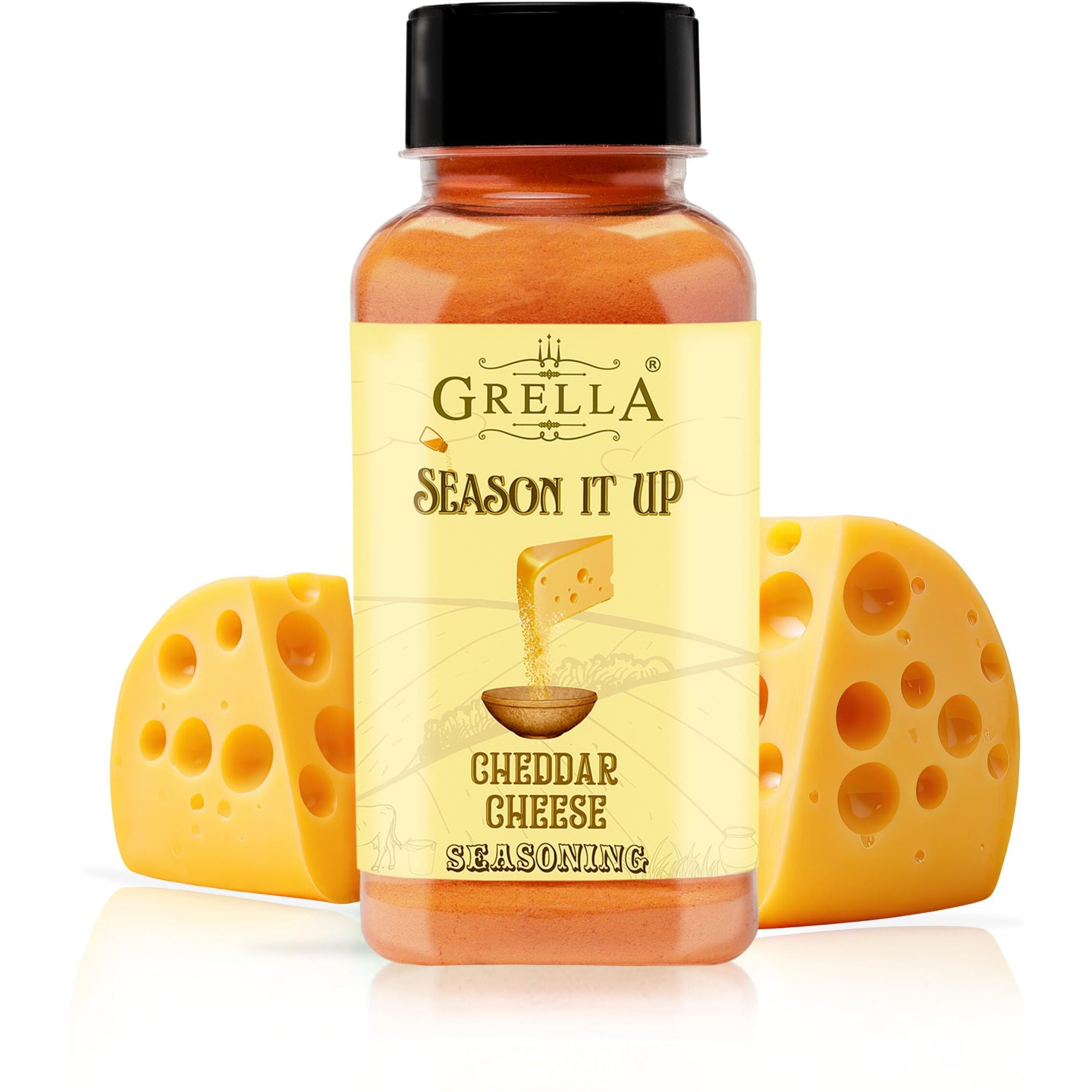 GRELLA Cheddar Cheese Powder for Popcorn |125 g| cheese pop corn seasoning masala for Pasta, Pizza, French Fries, Biryani, chicken, Mac and Cheese, French Fries, Taco, Makhana, Omelets - SEASON IT UP