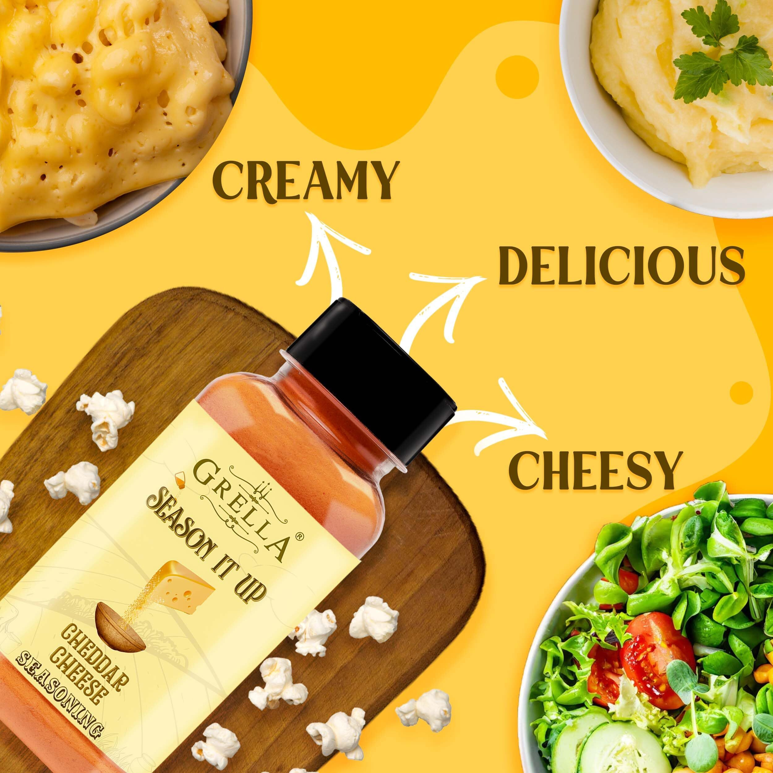 GRELLA Cheddar Cheese Powder for Popcorn |125 g| cheese pop corn seasoning masala for Pasta, Pizza, French Fries, Biryani, chicken, Mac and Cheese, French Fries, Taco, Makhana, Omelets - SEASON IT UP