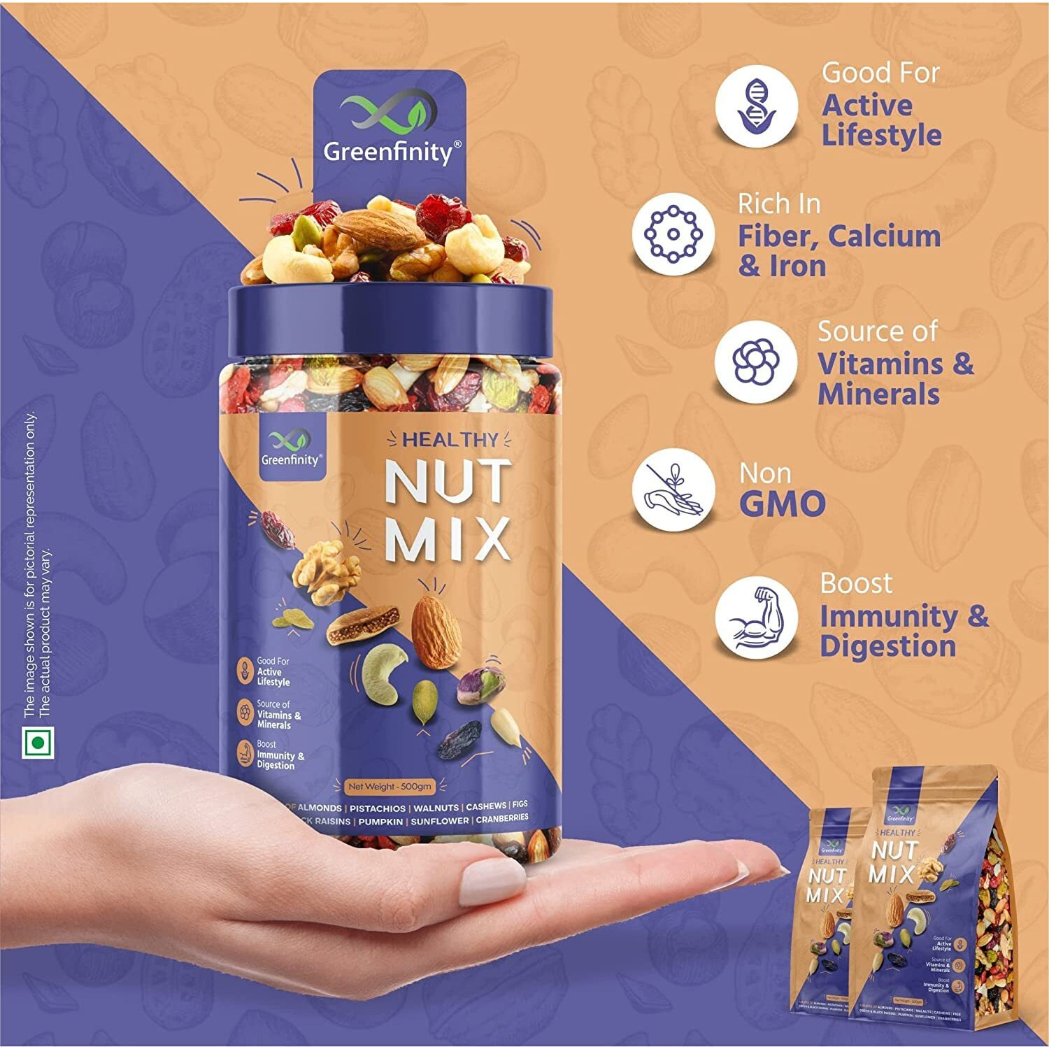 GreenFinity Premium International Healthy Nutmix 200g, Dried Almonds, Black Raisins, Cashewnuts, Cranberries, Green Raisins, Pumpkin Seeds.