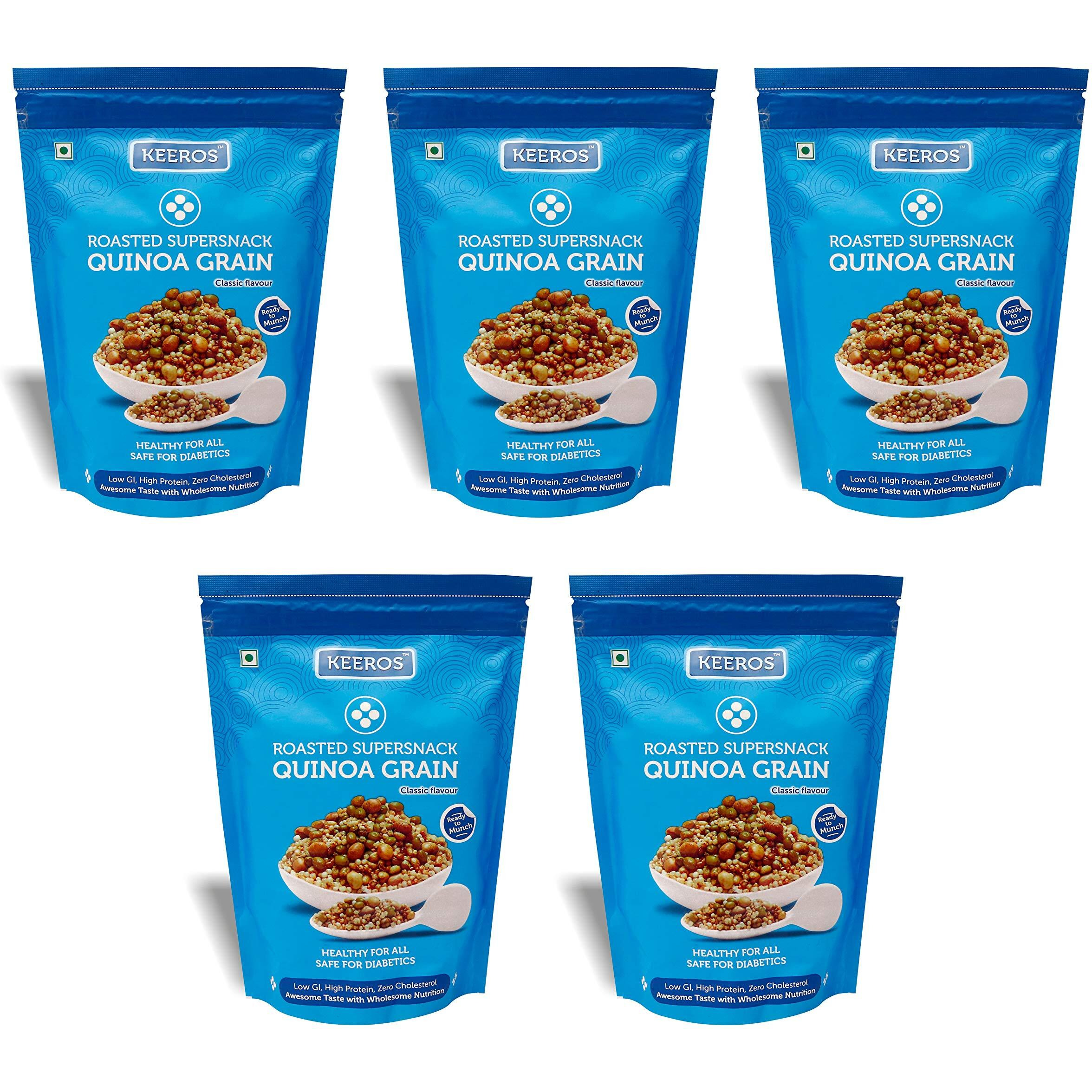Keeros Quinoa Grain Healthy & Diabetic Friendly Roasted Snacks | Low GI, High Protein, Tasty & Lightly Spiced Mix of Quinoa Puffs & 4supergrains | Diet Namkeen & Snacks for Weight Loss |Pack of 5x250g