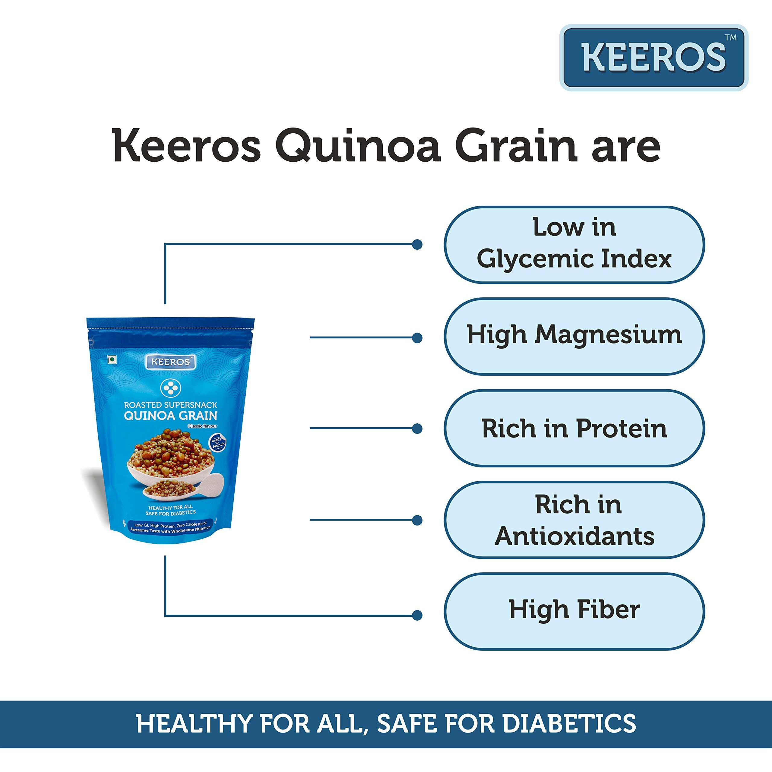 Keeros Quinoa Grain Healthy & Diabetic Friendly Roasted Snacks | Low GI, High Protein, Tasty & Lightly Spiced Mix of Quinoa Puffs & 4supergrains | Diet Namkeen & Snacks for Weight Loss |Pack of 5x250g