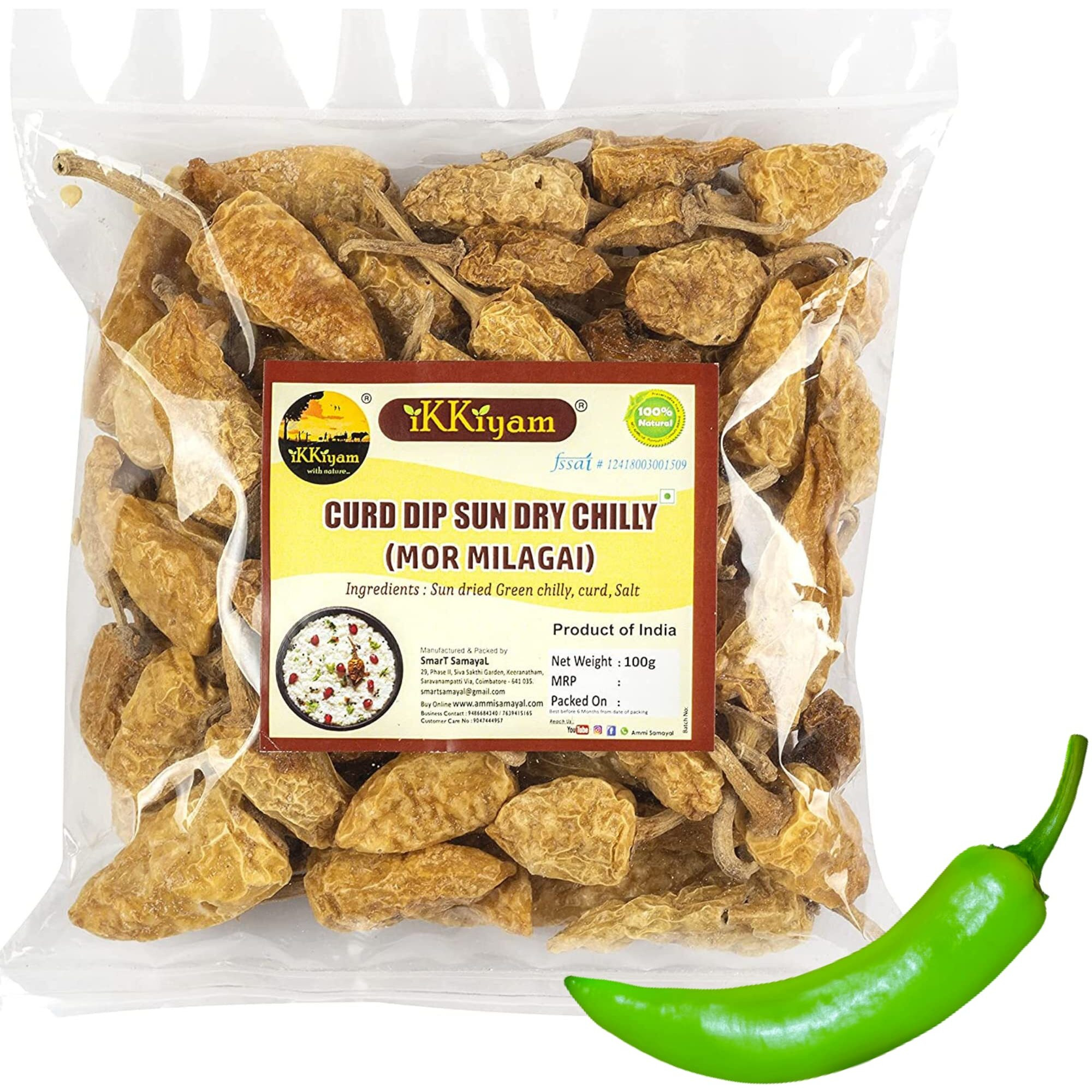 Ikkiyam Curd Dip Sun Dry Chilly | MorMilagai Vathal | Premium & Organic Chillis | Dahi Mirchi | South Indian Thayyir Chilli | Pure & Natural Spicy Chillys | Deliciously Meals | Pack of 1 | 100 Gram.
