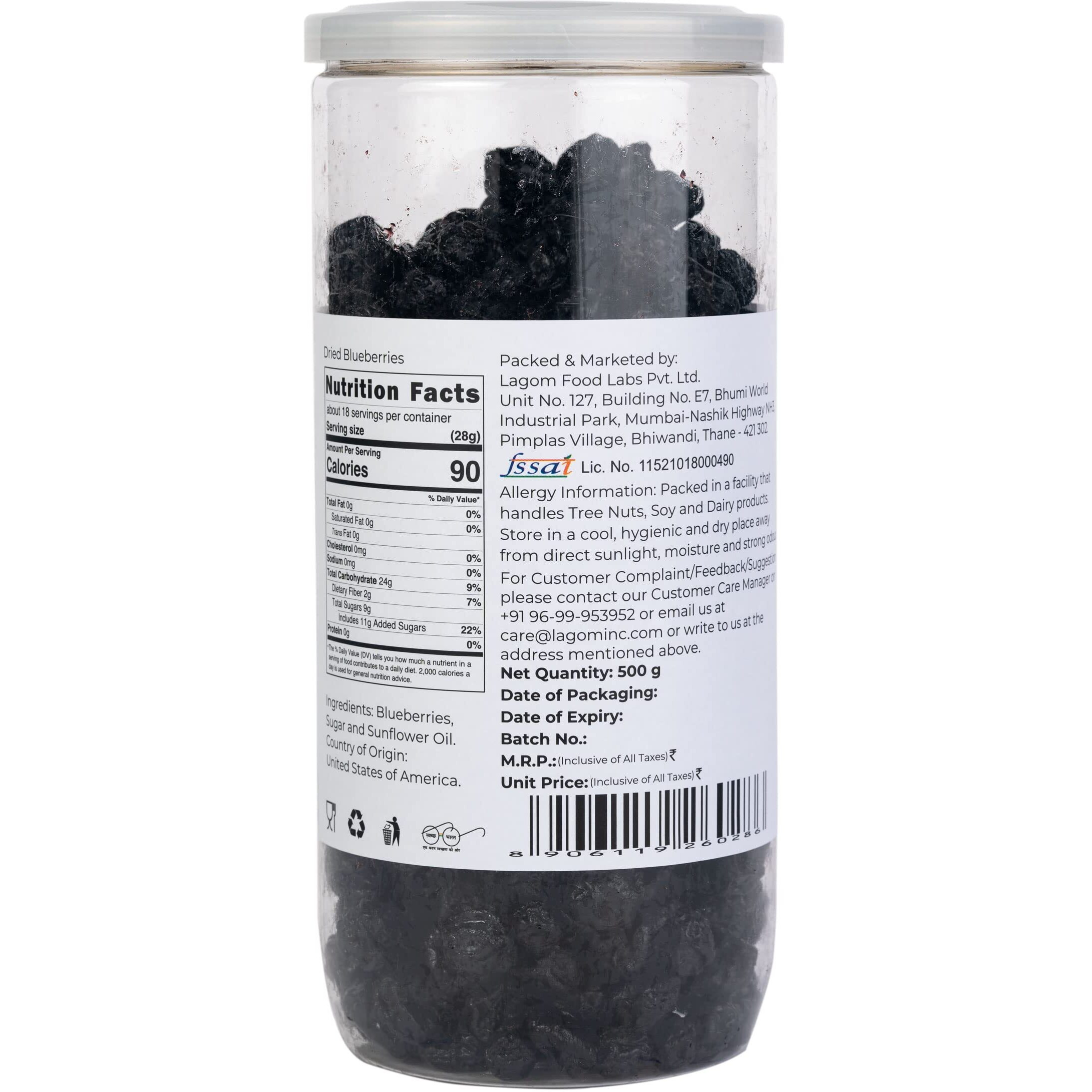 Lagom Gourmet Dried Blueberry 1 kg | Gluten Free | Vegan | Plant Based | Non GMO | Blueberry Dry Fruit