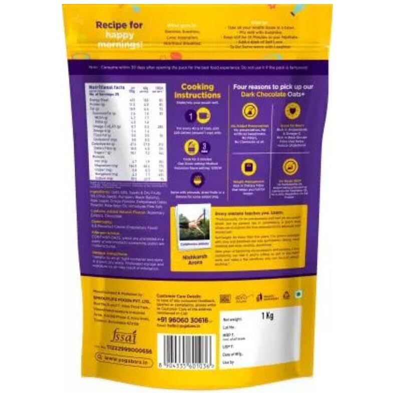 Yogabar Dark Chocolate Oats 1kg, Pack of 2 | Gluten Free Golden Oats | Healthy Breakfast Cereal with Wholegrain Oats (Dark Chocolate Oats, 800g)