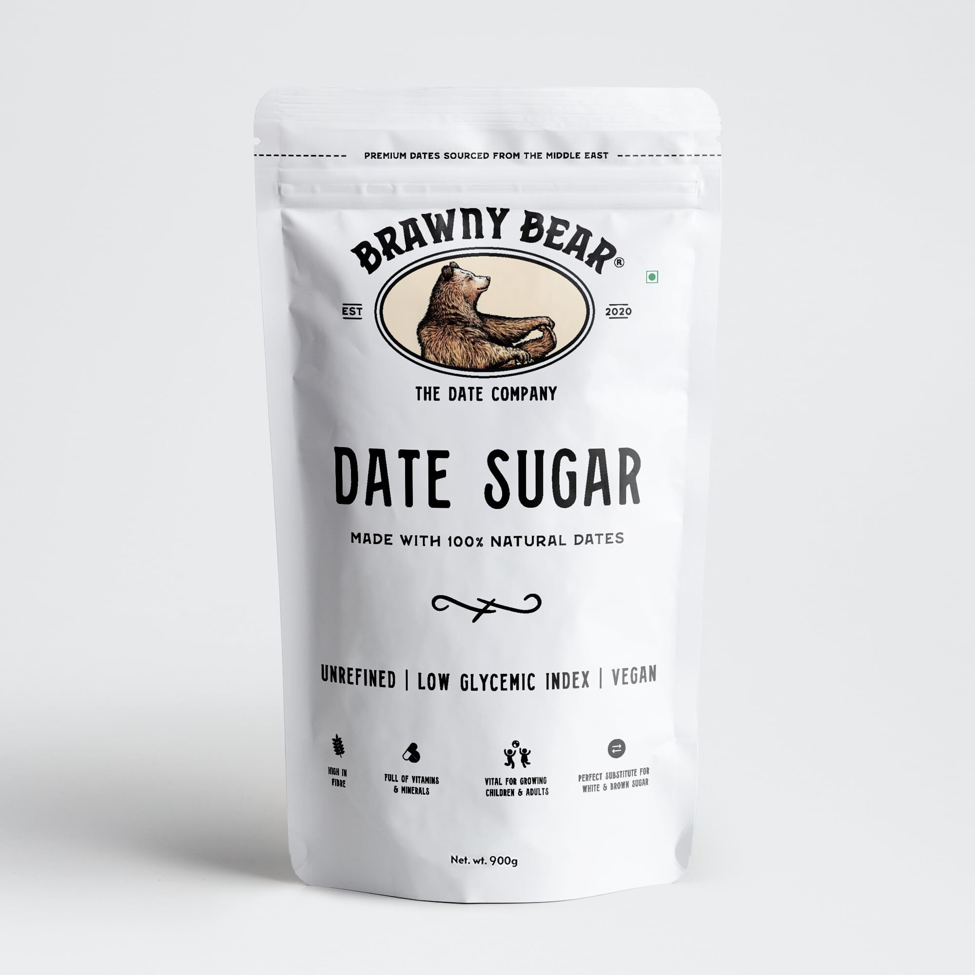 Brawny Bear Date Powder, Date Sugar, Healthy Sugar Substitute for White & Brown Sugar, Nutrient Rich Natural Sweetener, Vegan, Unrefined, 100% Arabian Dates  900 Gm