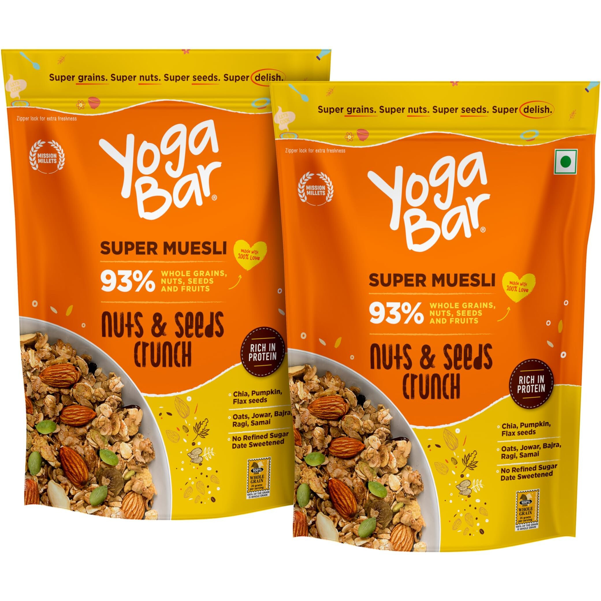 Yogabar Wholegrain Breakfast Muesli Nuts + Seeds with Flax and Chia Seeds, Muesli Nuts Delight Whole Grain, High Protein, High Fibre, No Refined Sugar, Contains Antioxidants, 700g Pack of 2