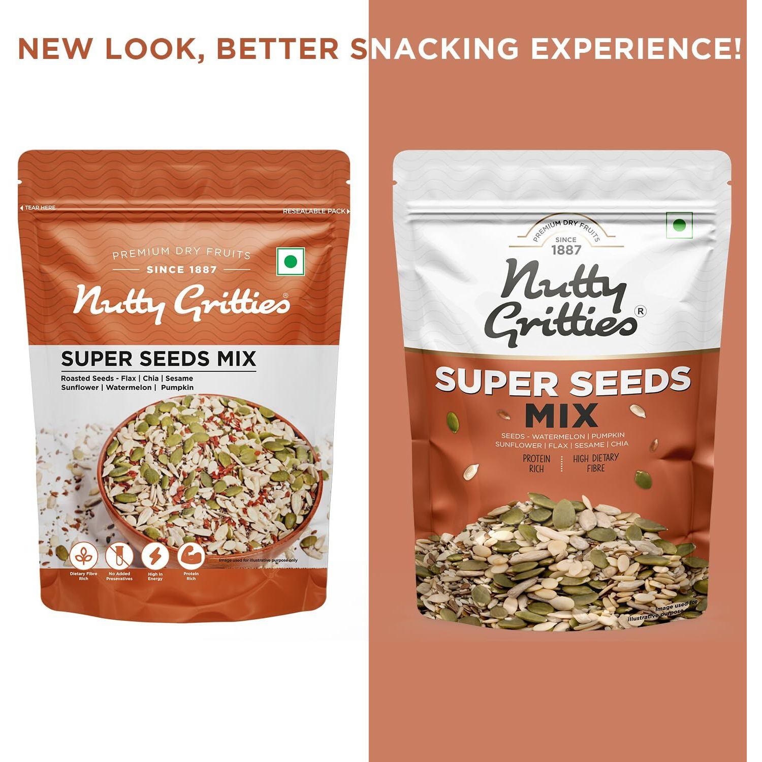 Nutty Gritties Premium Super Seed Trail Mix 400g - 6 Super Seed in 1 Mix | Roasted Unsalted Mix Seeds - Flax, Chia, Sesame, Sunflower, Watermelon, Pumpkin Seeds, Mixed Seeds for Eating ( Each Pack 200g, Pack of 2 )