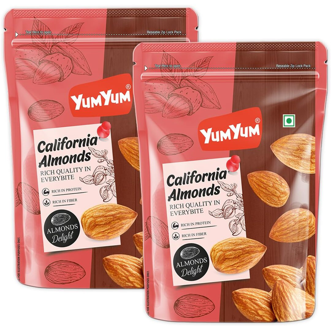 YUM YUM Raw California Almonds 1kg (Pack of 2-500g Each) Dry Fruit, High Protein Snack, and Super Healthy Crunchy Nuts | High in Fiber & Boost Immunity