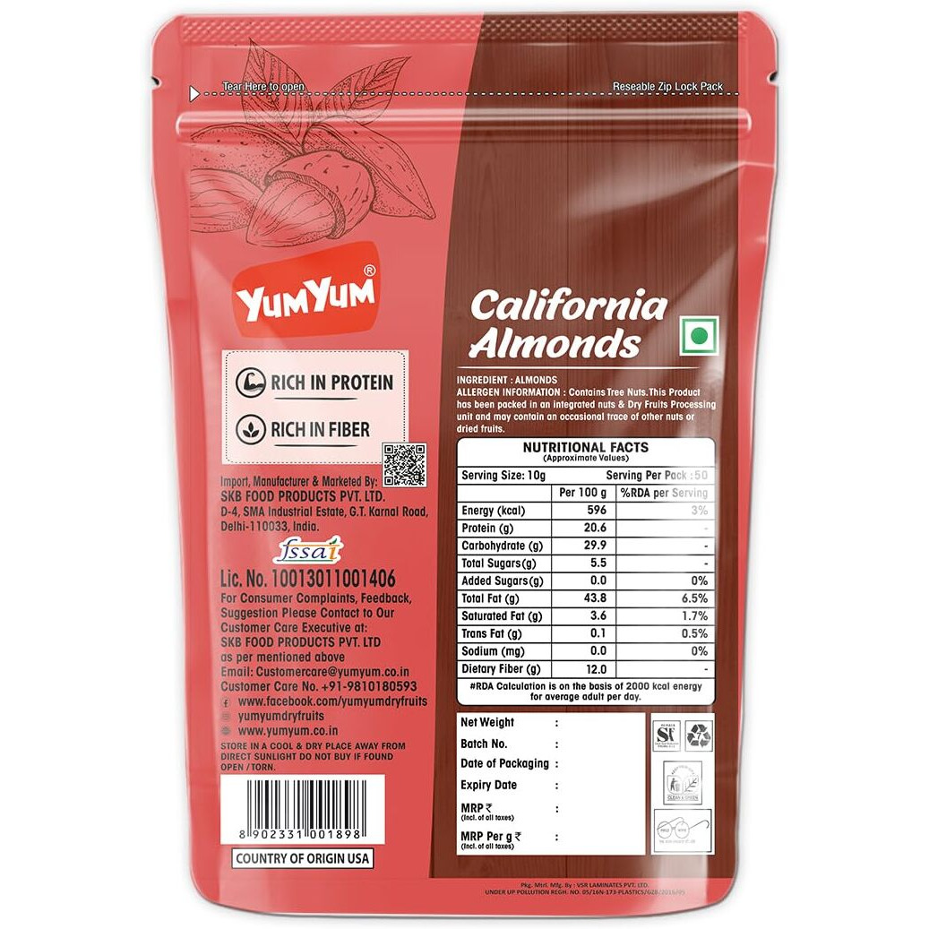 YUM YUM Raw California Almonds 1kg (Pack of 2-500g Each) Dry Fruit, High Protein Snack, and Super Healthy Crunchy Nuts | High in Fiber & Boost Immunity