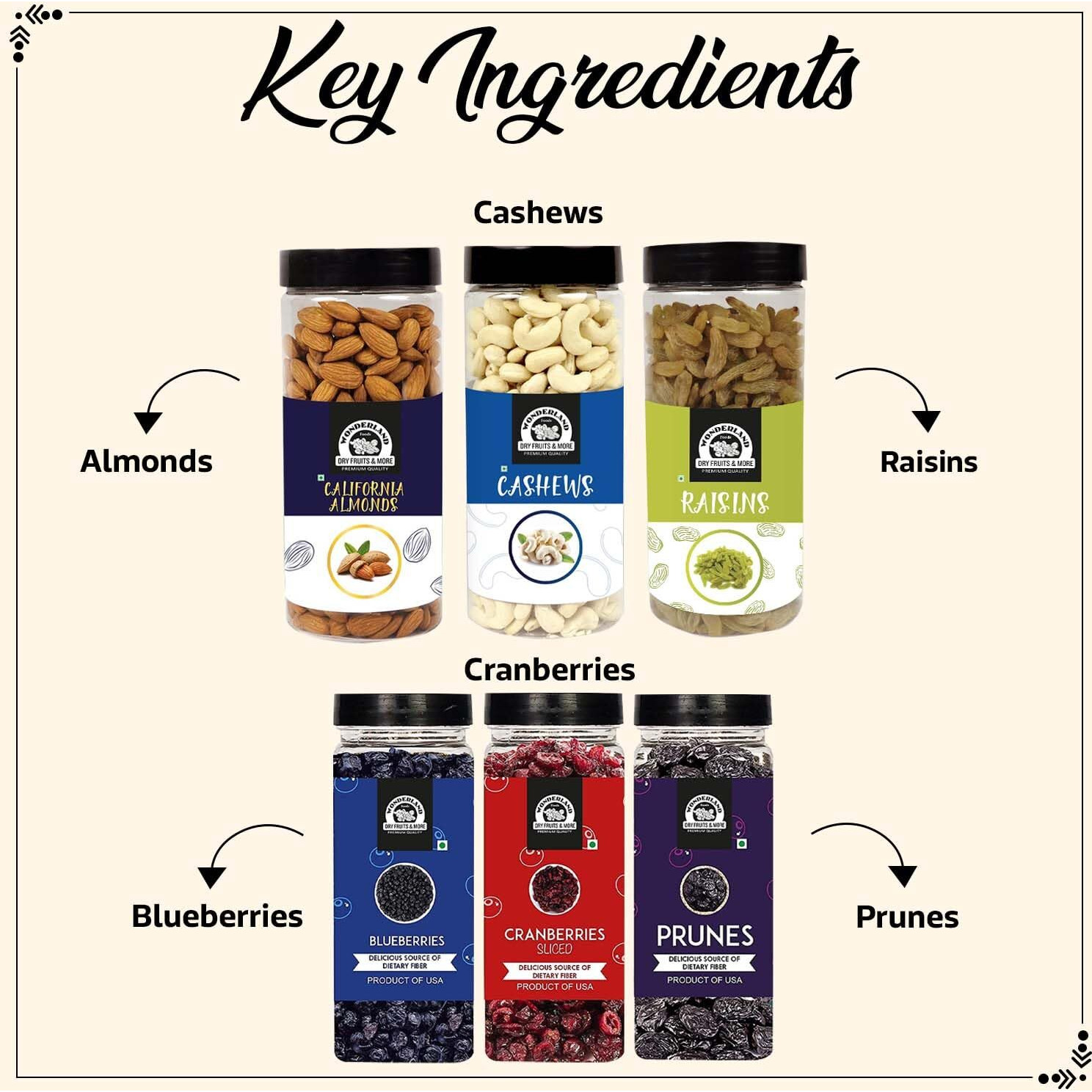 WONDERLAND FOODS (DEVICE) Healthy Immunity Dryfruits Combo Almond 500 Gram, Cashew 500 Gram, Raisin 500 Gram, Blueberry 250 Gram, Sliced Cranberry 200 Gram, Prunes 250 Gram