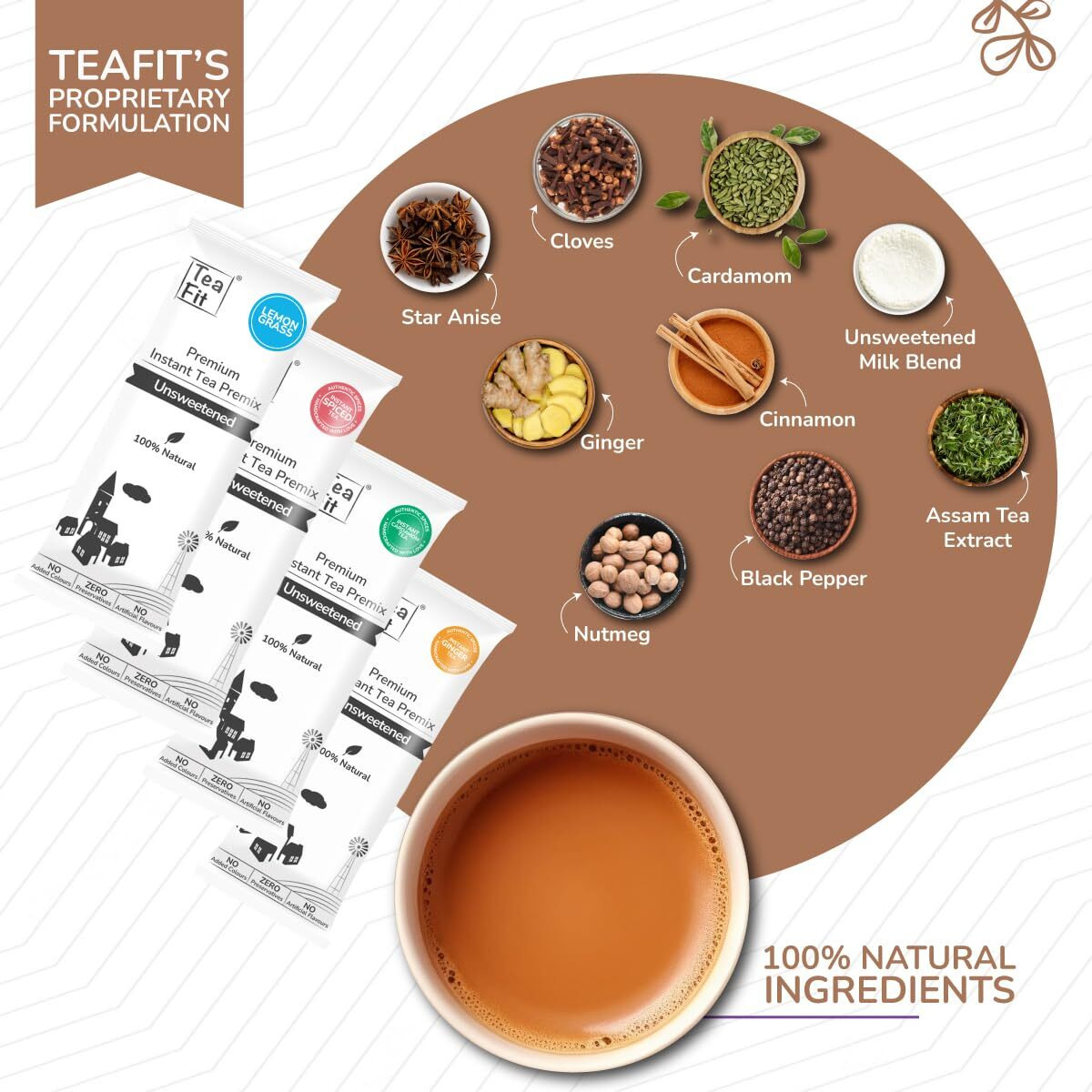 TeaFit Premium Zero Sugar Instant Assorted Tea Pack of 100 Sachets (1.4Kg) | Ginger-Cardamom-Masala-Saffron-Lemongrass Instant Milk Tea Premix | Diabetic Friendly | Instant Tea Premix | Tea Powder
