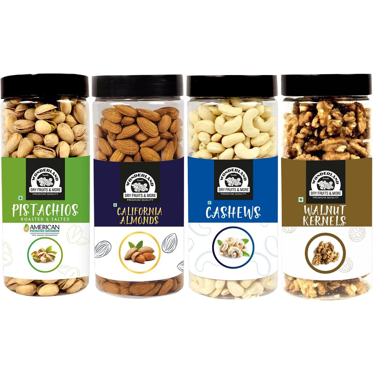 Wonderland Foods (Device) Dry Fruits Almond 500g, Cashew 500g, Pista 500g & Walnut Kernel 350g - 1850g (Jar)