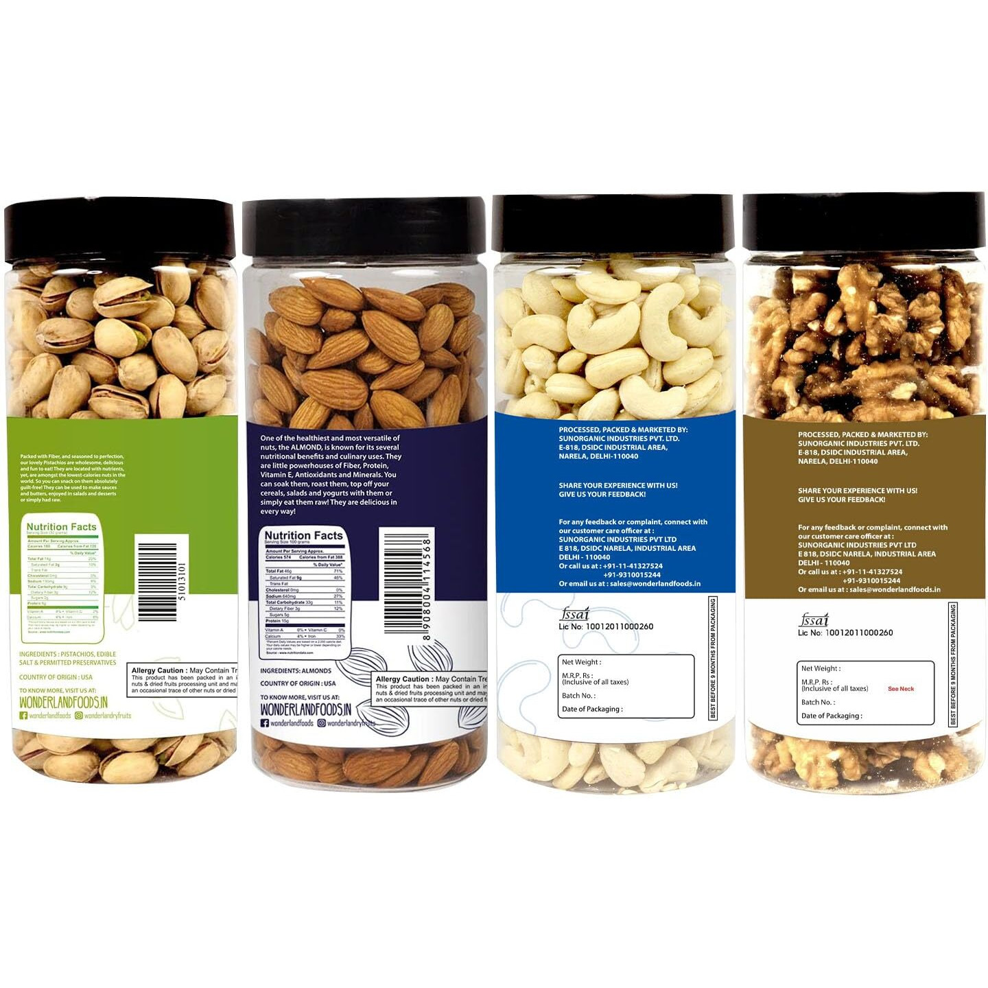 Wonderland Foods (Device) Dry Fruits Almond 500g, Cashew 500g, Pista 500g & Walnut Kernel 350g - 1850g (Jar)