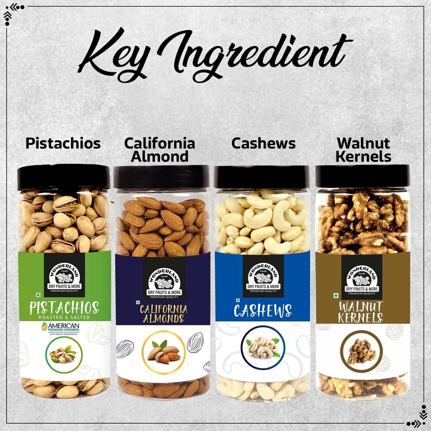 Wonderland Foods (Device) Dry Fruits Almond 500g, Cashew 500g, Pista 500g & Walnut Kernel 350g - 1850g (Jar)